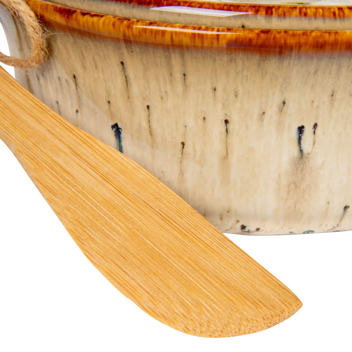 Hello Honey® 9.1" Reactive Glaze Design Stoneware Brie Baker with Bamboo Canapé Spreader Knife