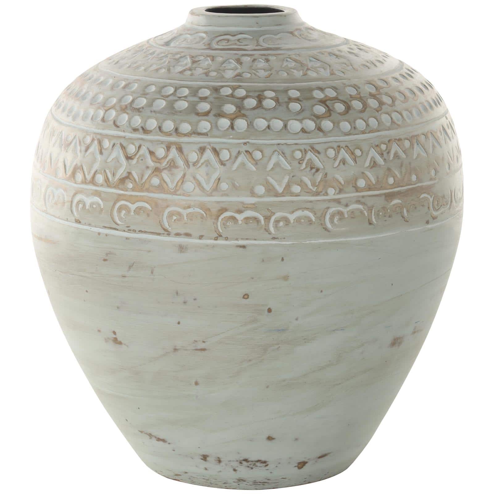 11.75" Green Antique-Style Wide Rounded Ceramic Vase with Geometric Carvings