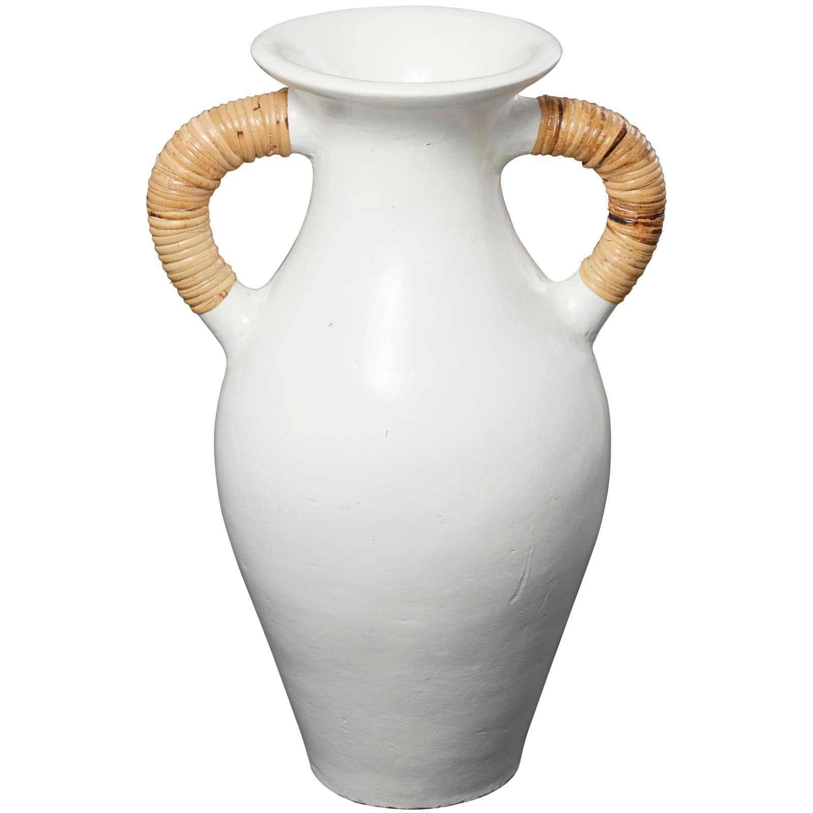 21" White Ceramic Jug Vase with Rattan Wrapped Handles