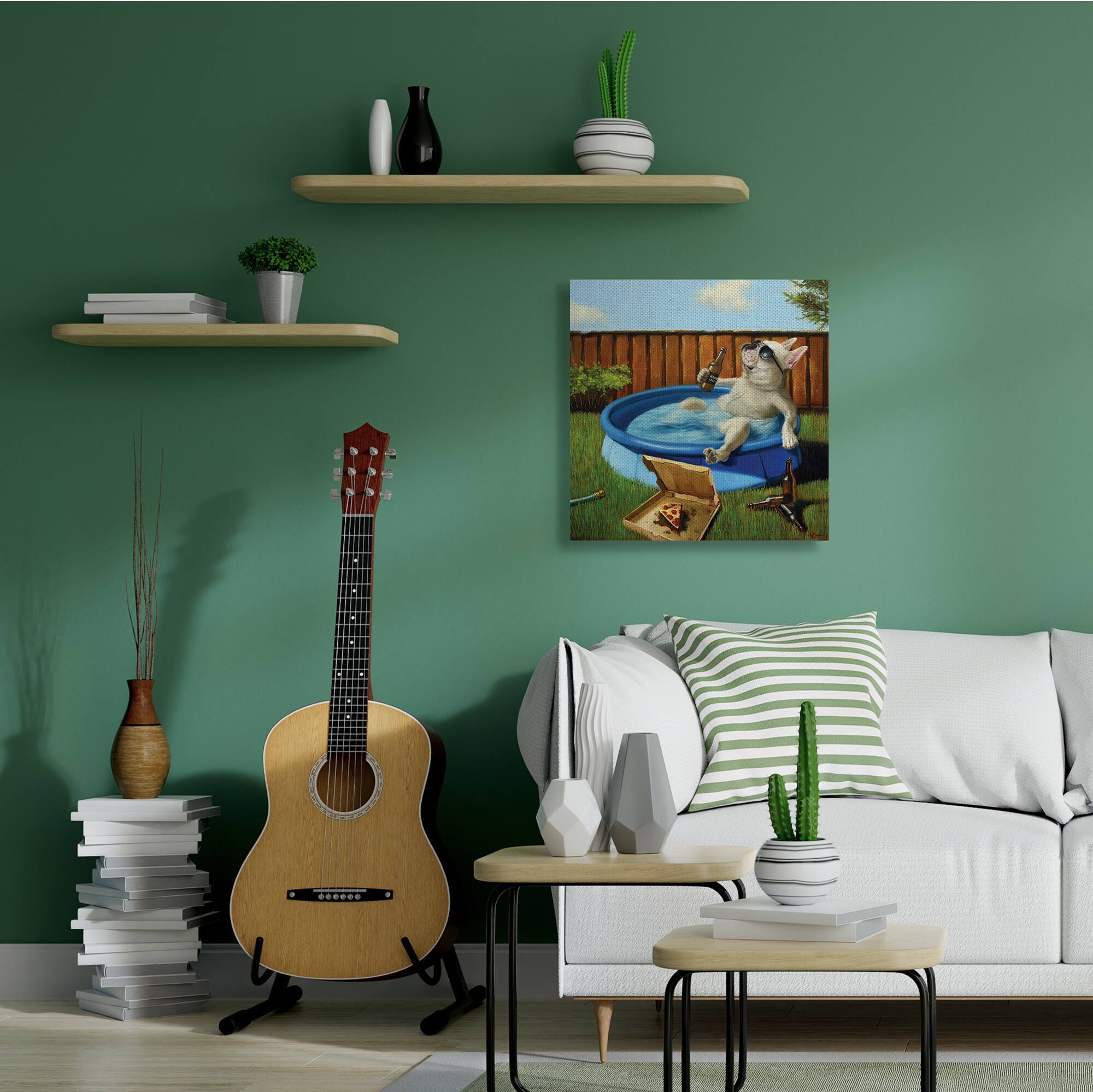 Stupell Industries French Bulldog Drinking Summer Pool Pet Humor Canvas Wall Art