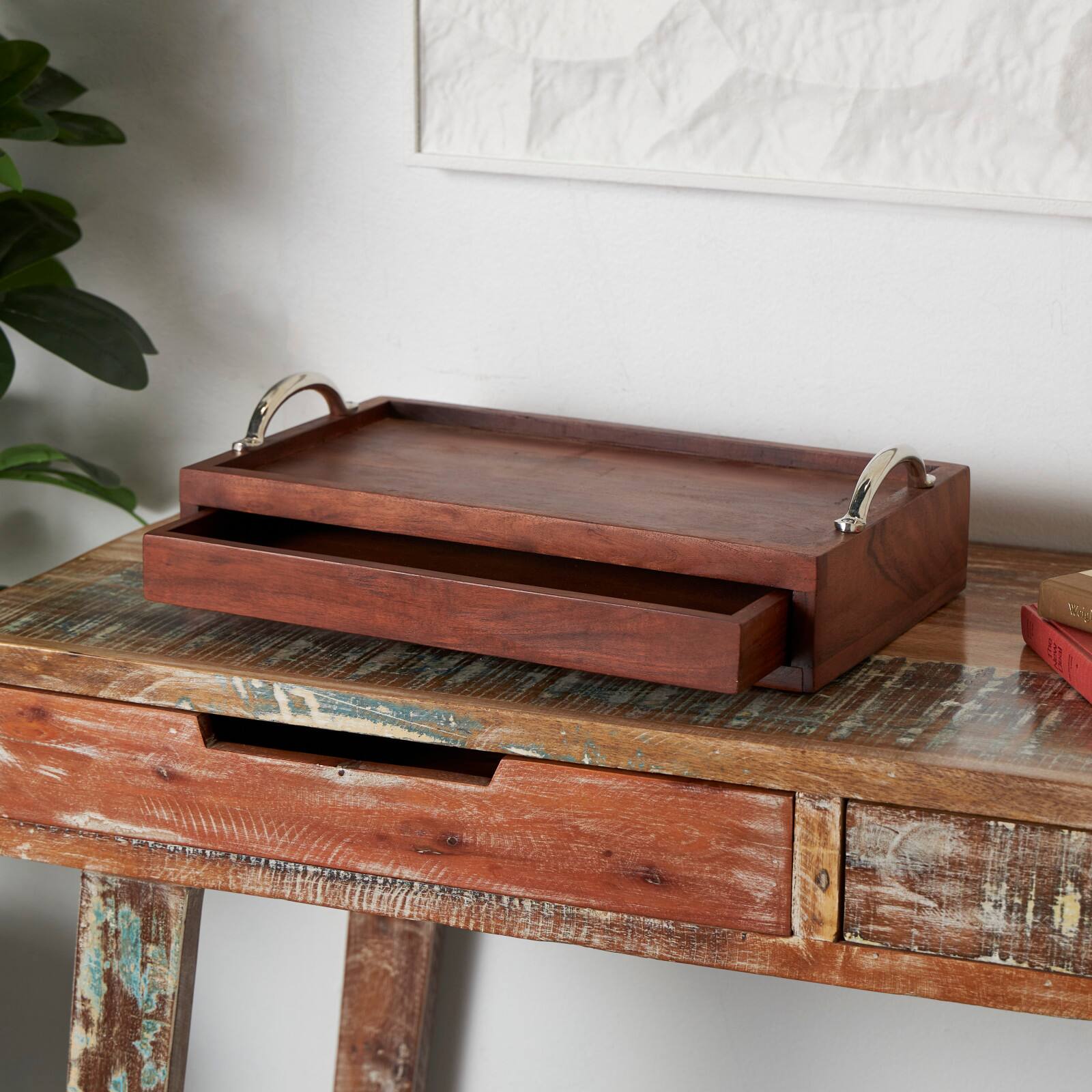 18&#x22; Brown Wood Hidden Drawer Tray with Black Metal Handles