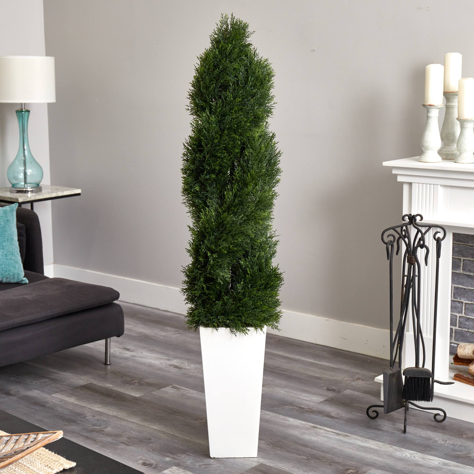 5.5ft. UV Resistant Double Pond Cypress Spiral Topiary Artificial Tree in White Tower Planter