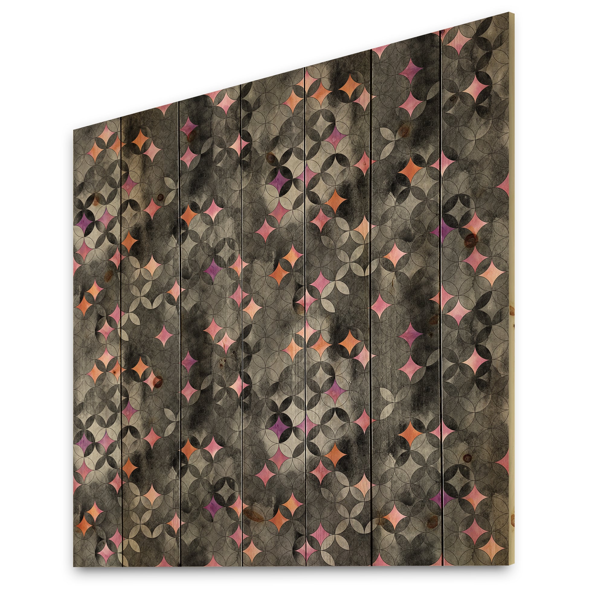 Designart - Geometry Intersecting Circles With Pink Stars - Modern Print on Natural Pine Wood