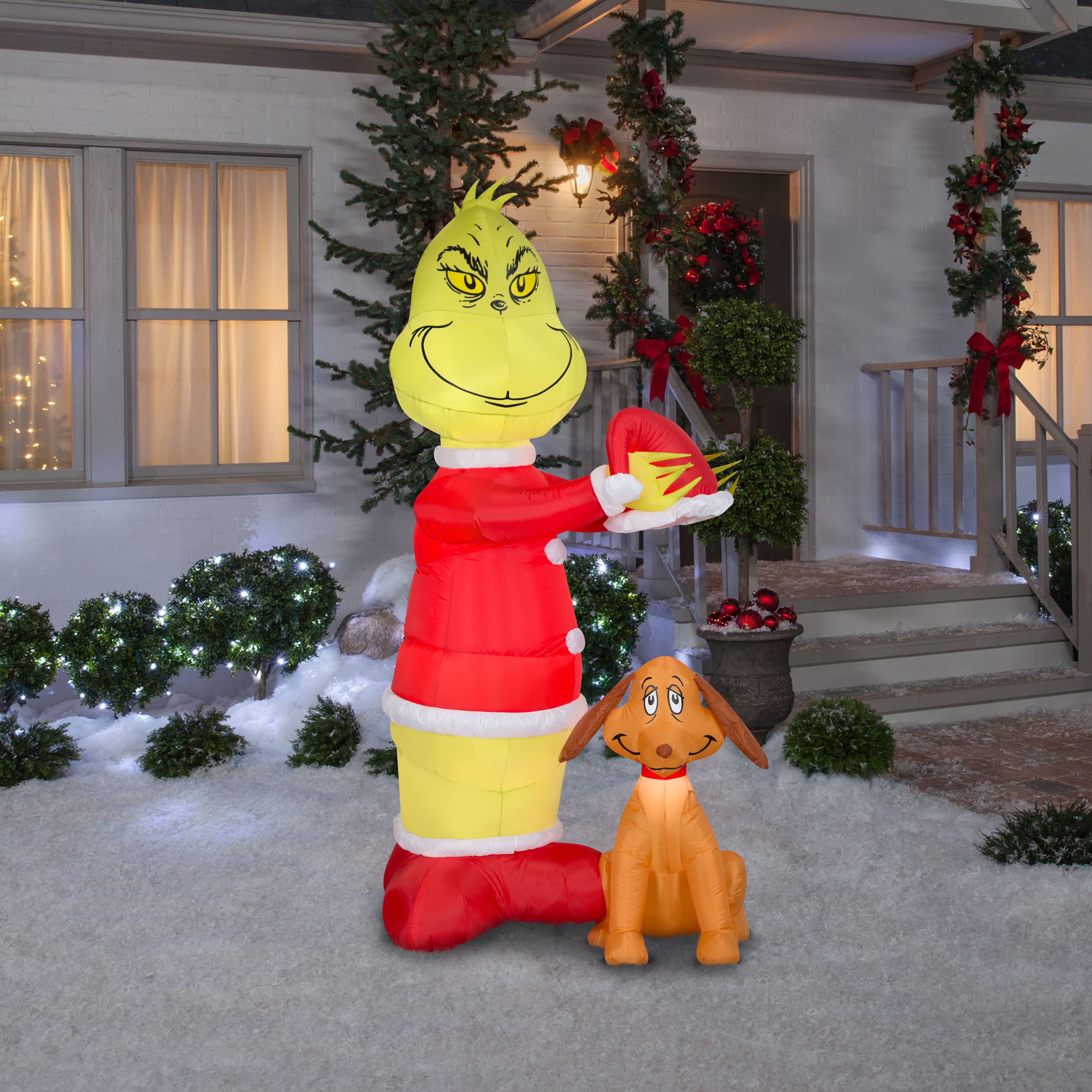Airblown Dr. Seuss Animated Grinch Putting Santa Hat On Max