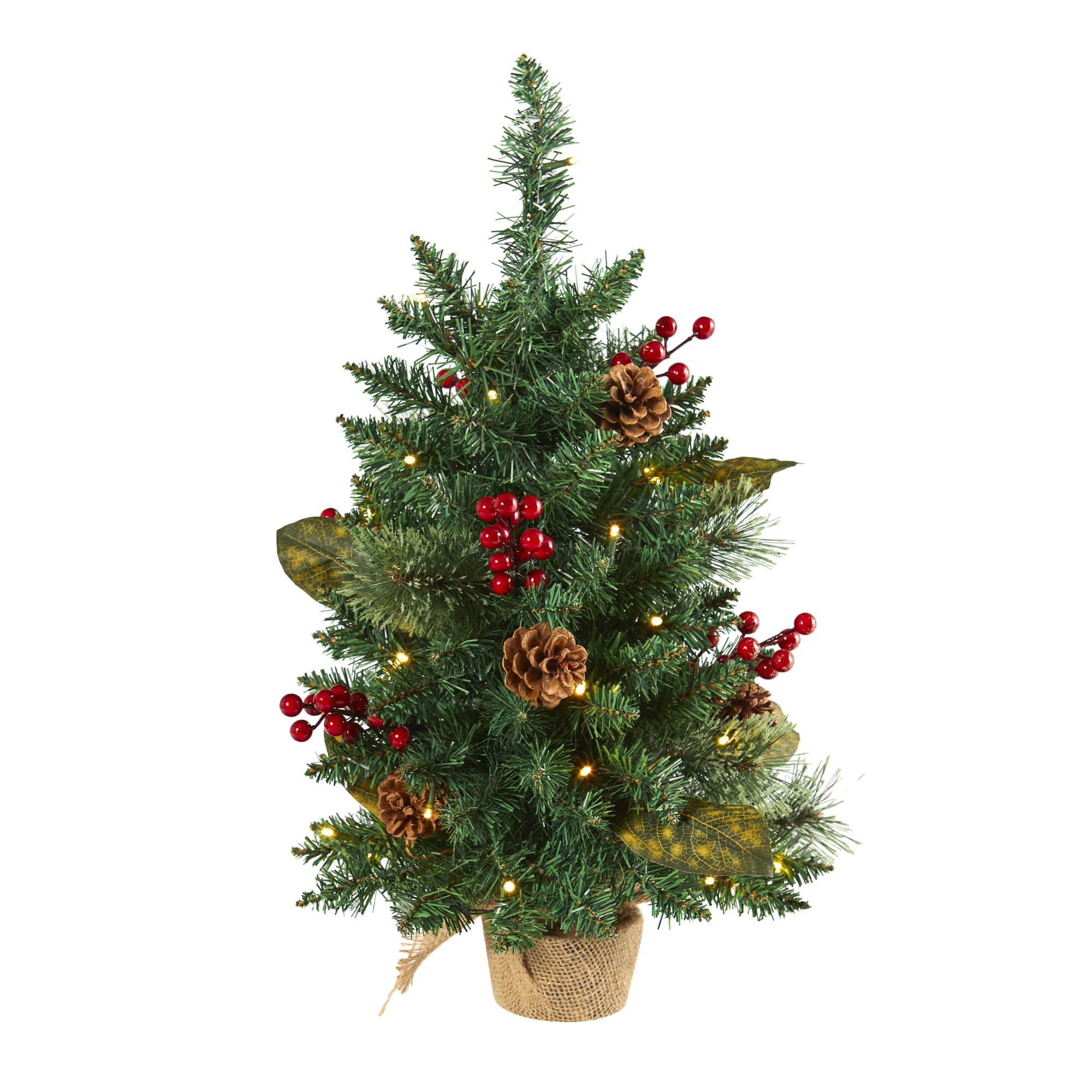 2ft. Pre-Lit Pine Artificial Potted Christmas Tree with Pinecone & Berries, Clear LED Lights
