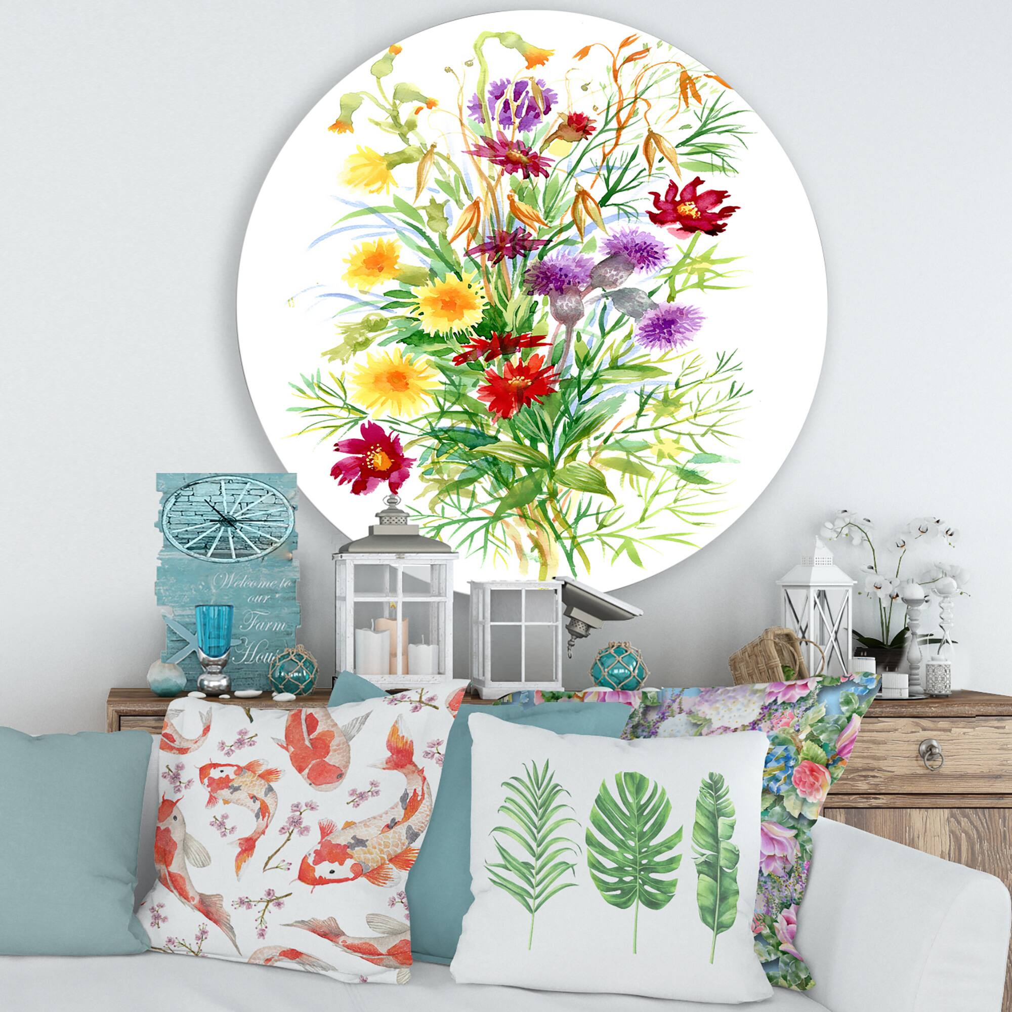 Designart - Colorful Wildflowers In Nature - Farmhouse Metal Circle Wall Art