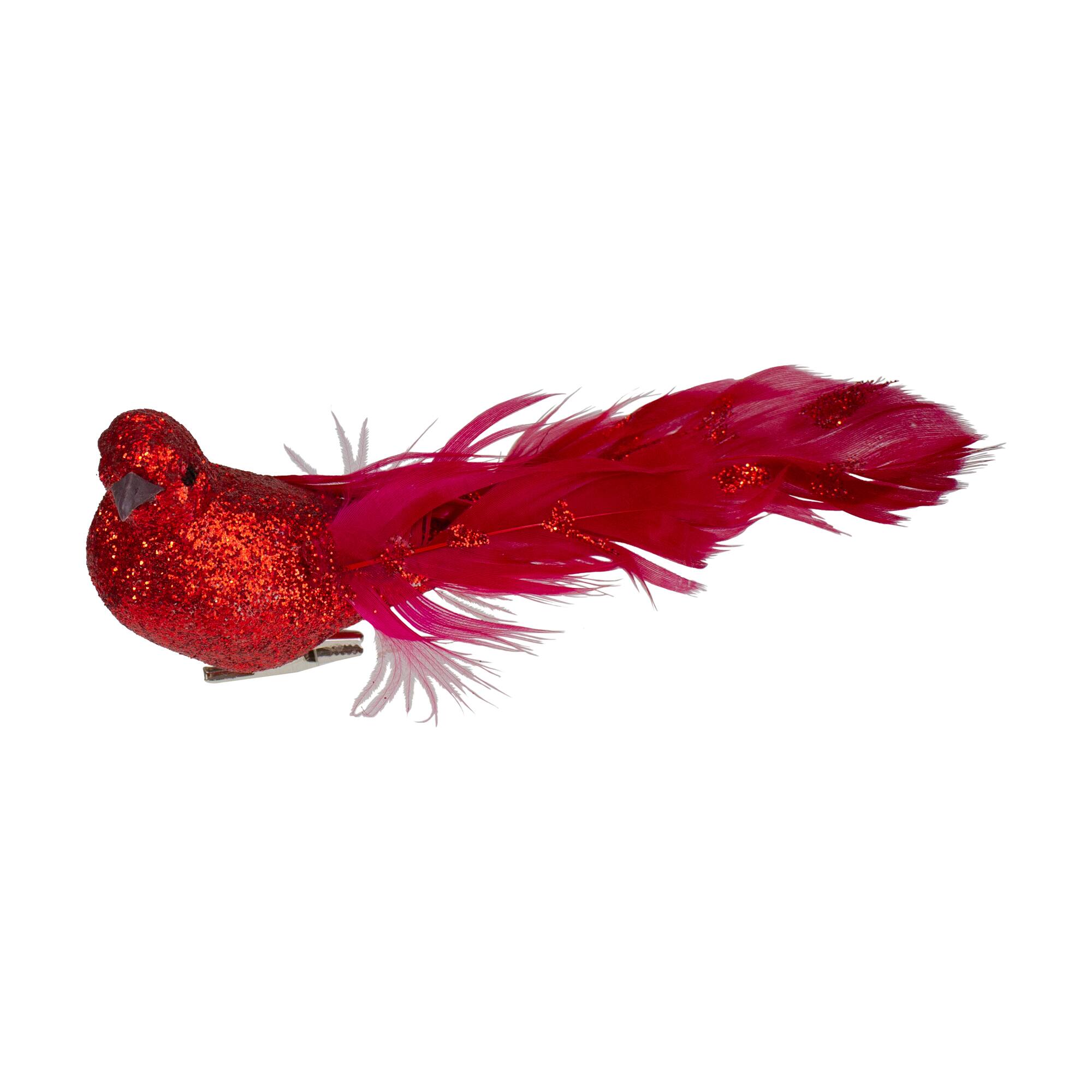 Glittered Bird With Feather Tail Christmas Clip On Ornament - 7&#x22; - Red