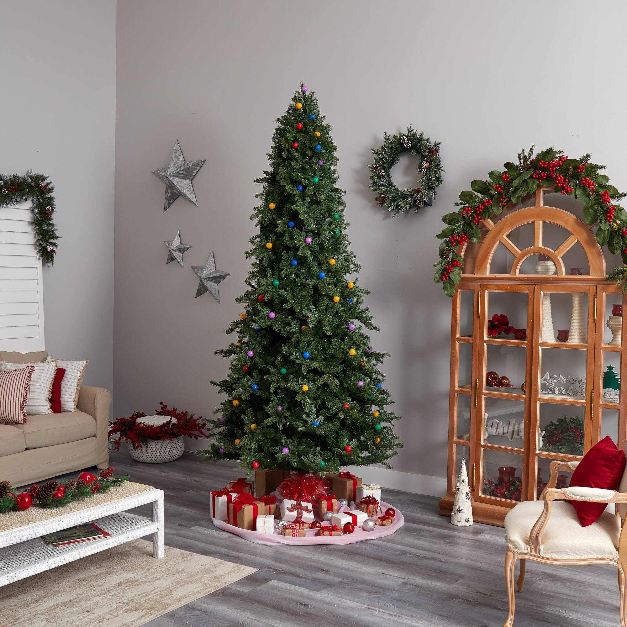 9.5ft. Pre-Lit Montana Mountain Fir Artificial Christmas Tree, Multicolor LED Lights & Globe Bulbs