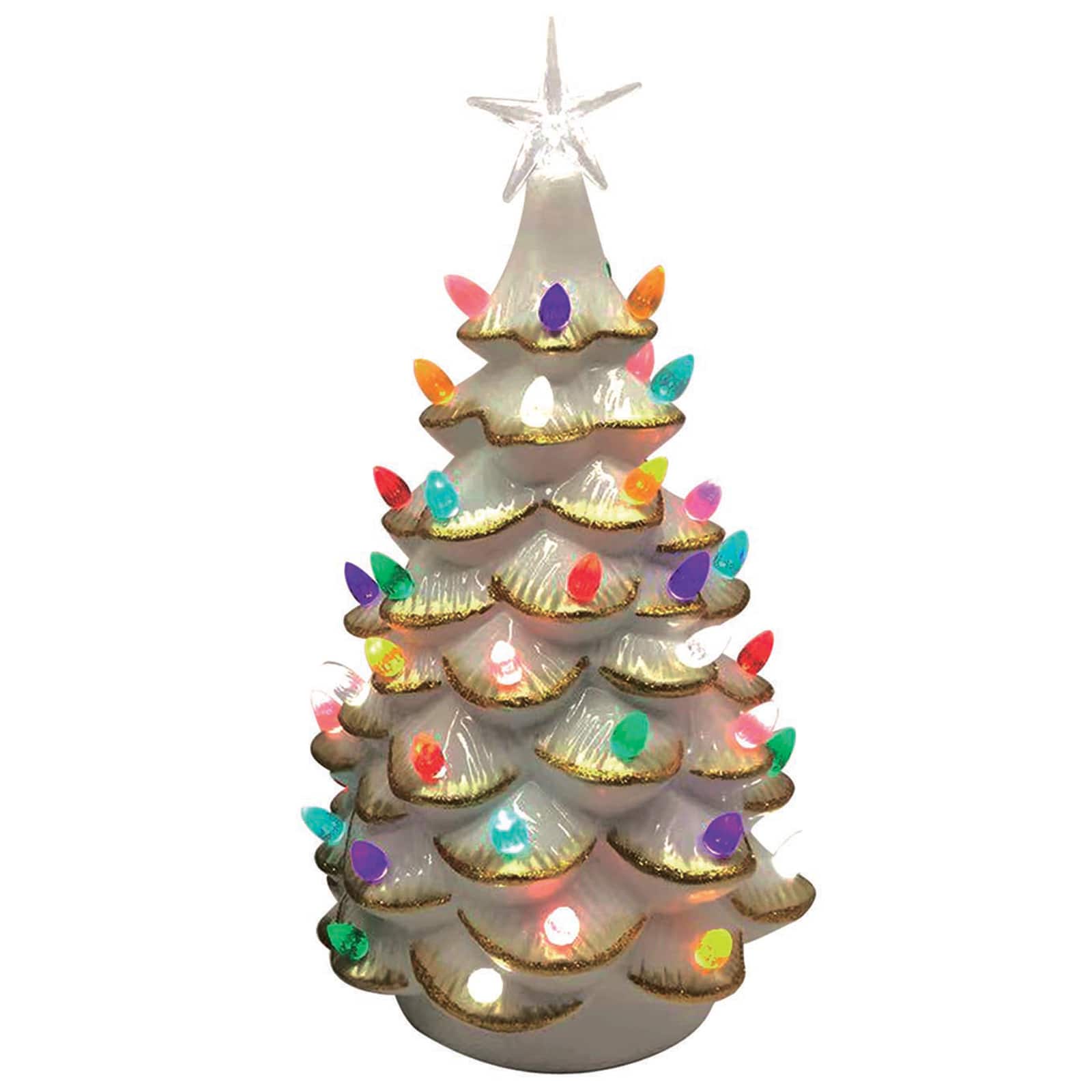 Santa&#x27;s Workshop 14&#x22; Lighted White Ceramic Tree with Gold Tips