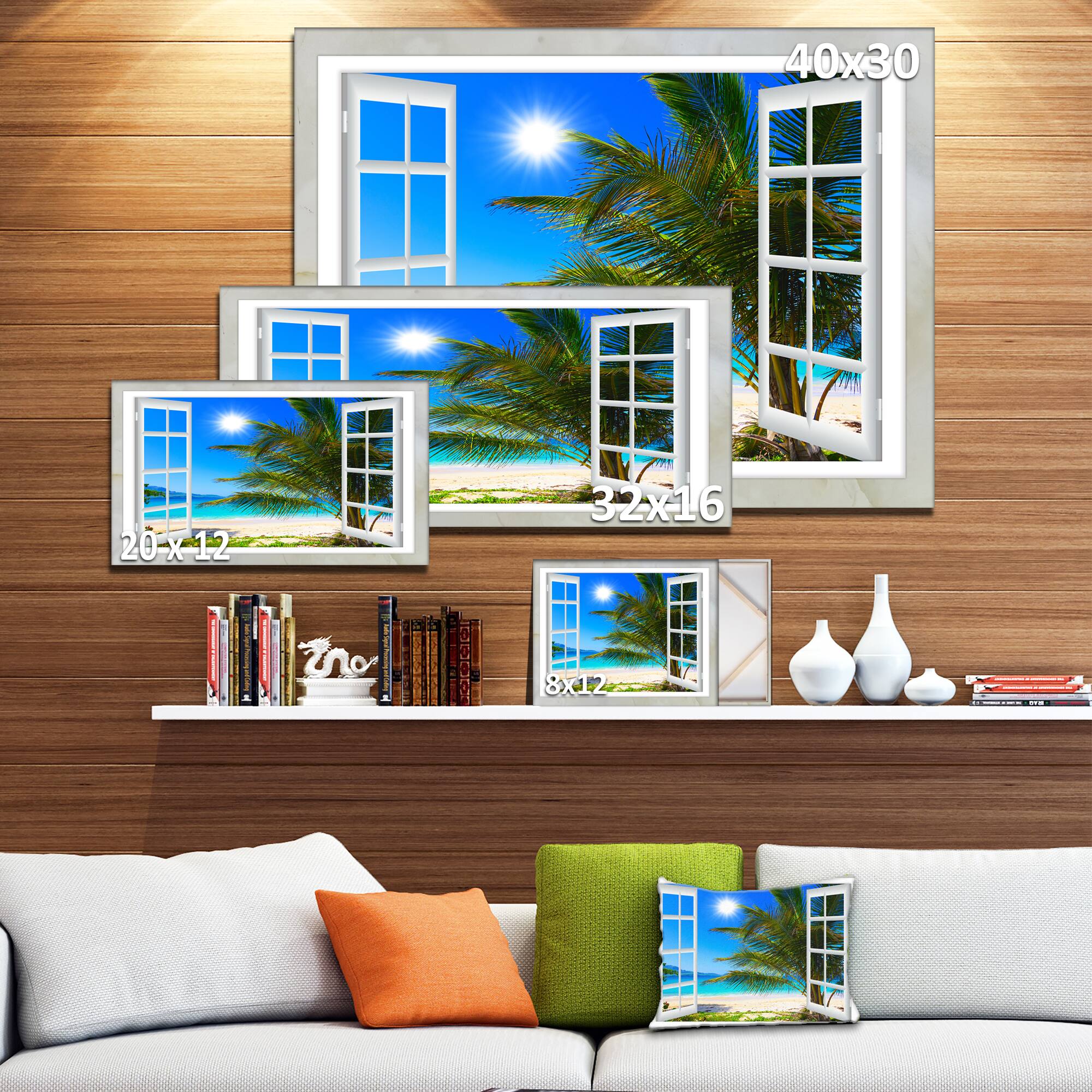 Designart - Window Open to Beach with Palm - Extra Large Seashore Canvas Art