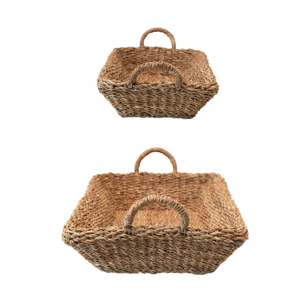 Natural Decorative Handwoven Seagrass Double Walled Trays with Handles Set