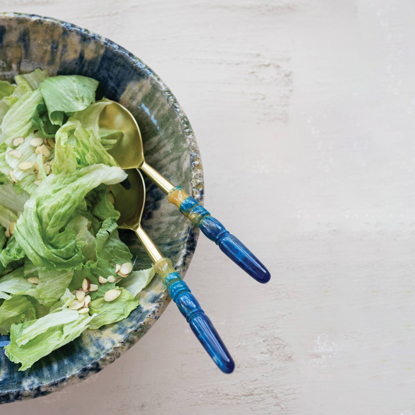 Hello Honey 2-Piece Stainless Steel Salad Servers with Marbled Resin Handles, Gold Finish and Blue