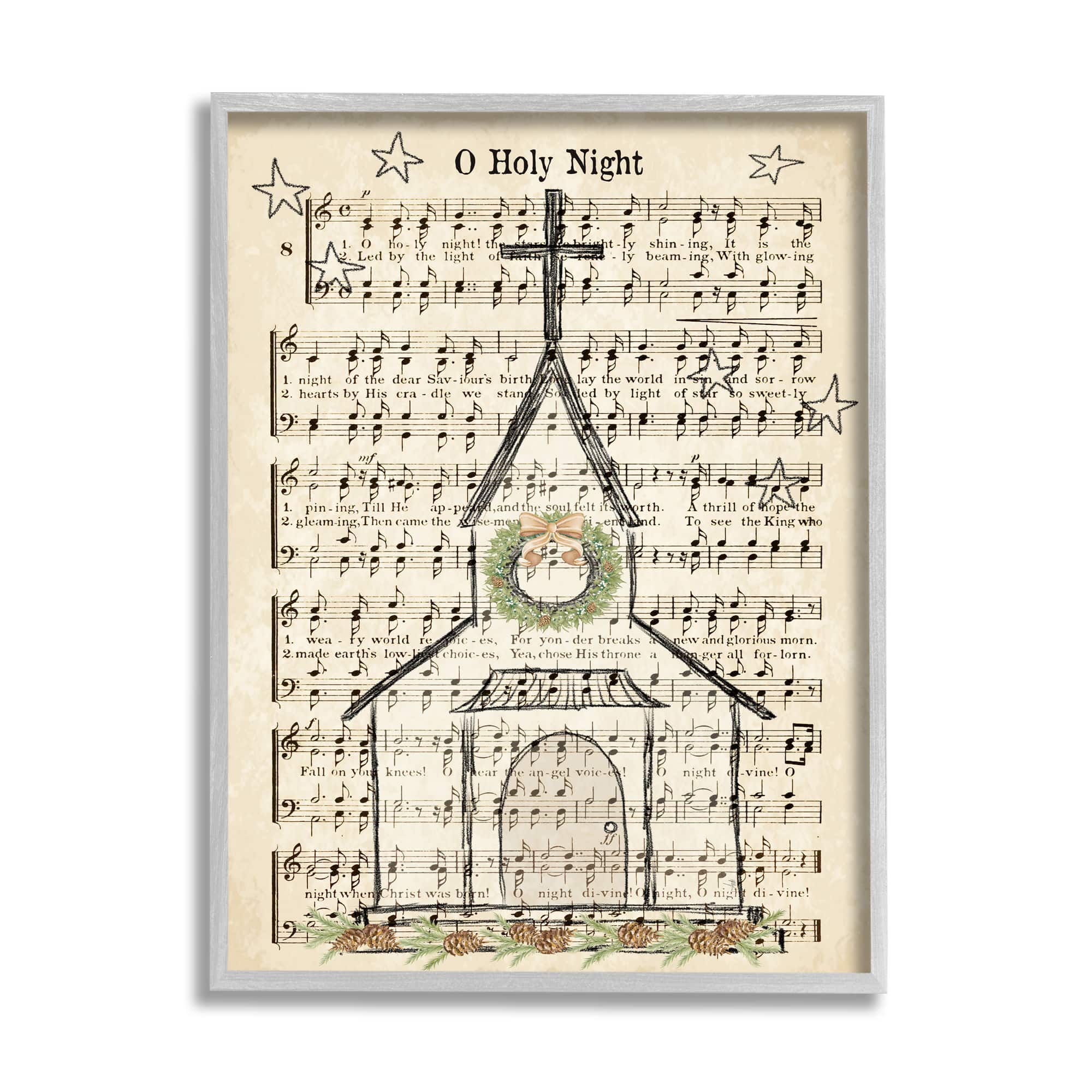 Stupell Industries Festive Winter Church Holy Night Musical Script Framed Wall Art