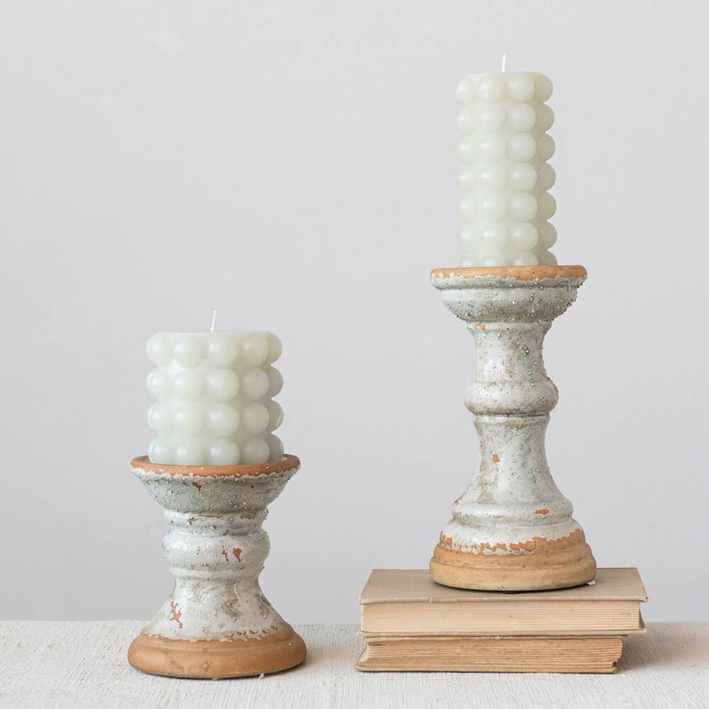 Hello Honey® Distressed Gray Coastal 2-Tone Terracotta Pillar Candle Holder