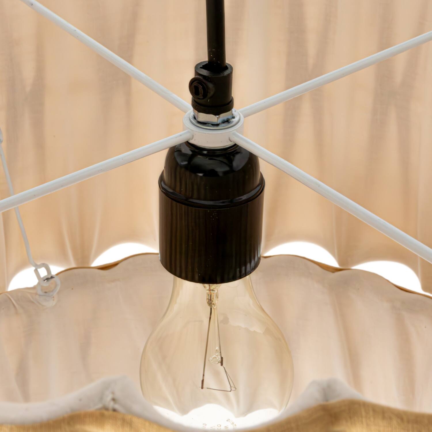 16&#x22; Cream &#x26; White Round Cotton Slub Pleated Pendant Lamp