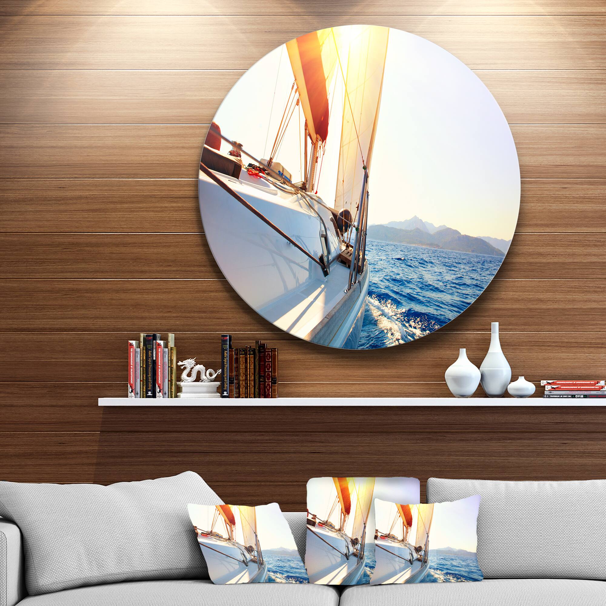 Designart - Sailboat Sailing in the Blue Sea&#x27; Disc Large Seashore Metal Circle Wall Art