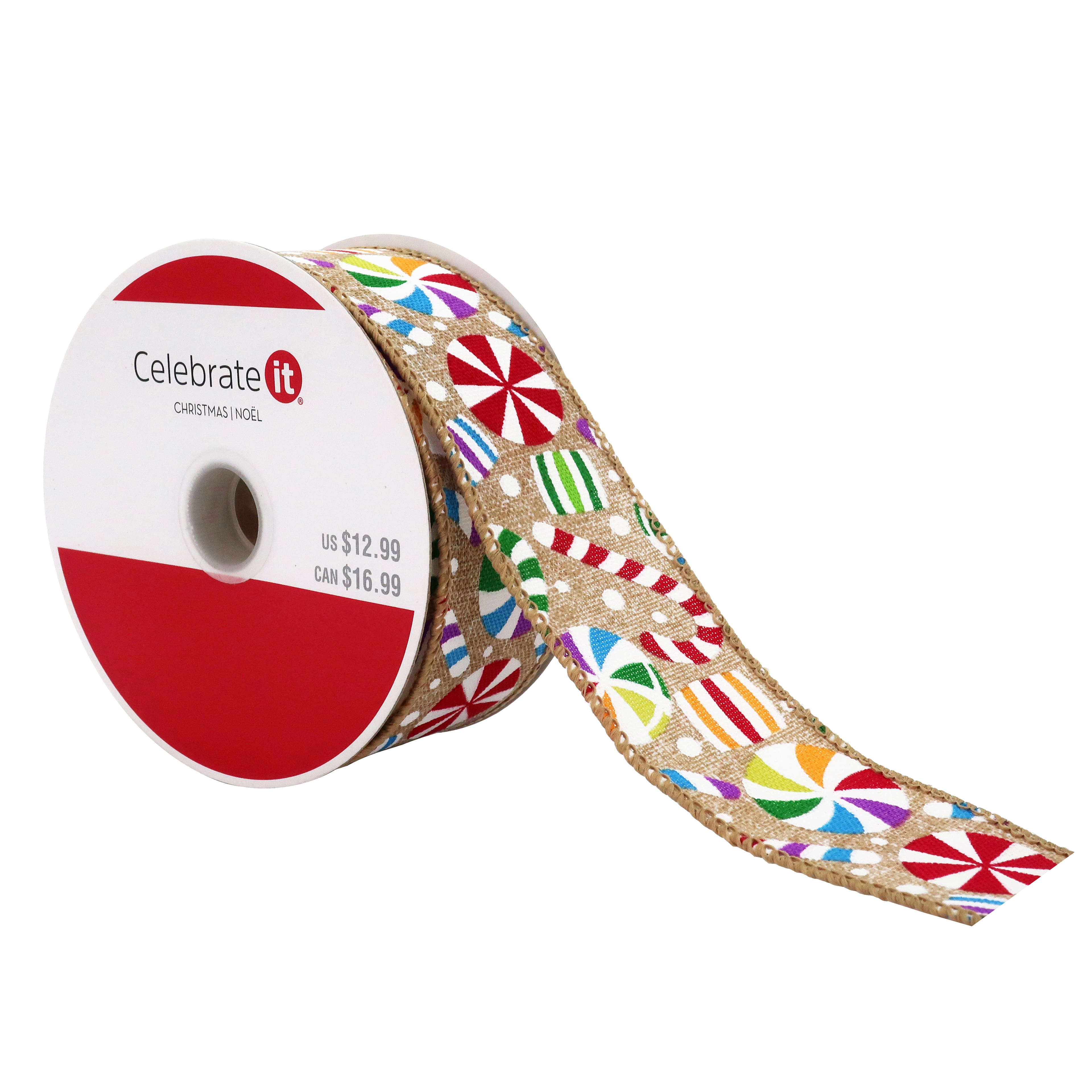 1.5&#x22; x 30ft. Multicolor Candy Wired Faux Linen Ribbon by Celebrate It&#xAE; Christmas