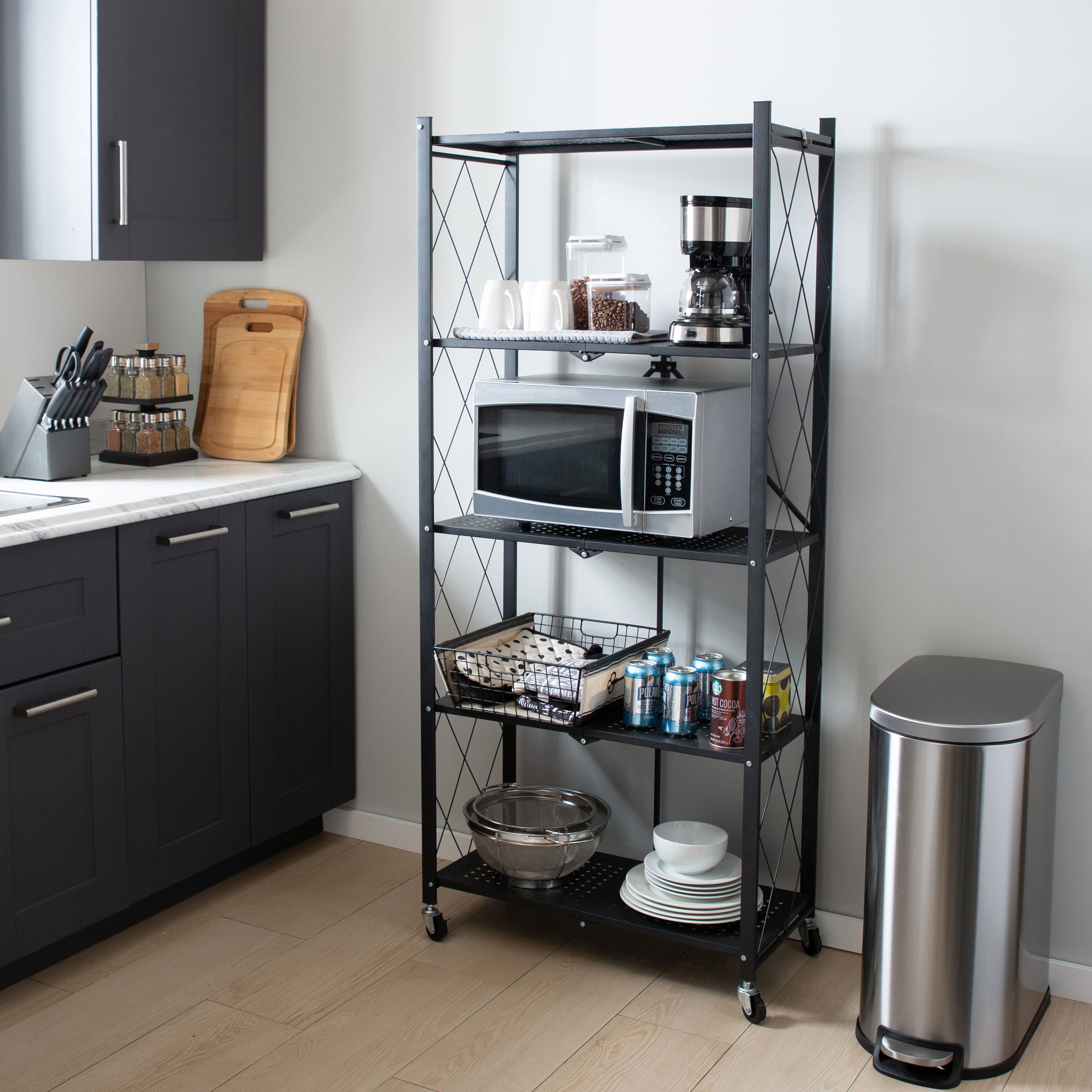 Organize It All Black 5-Tier Foldable Metal Rack with Wheels