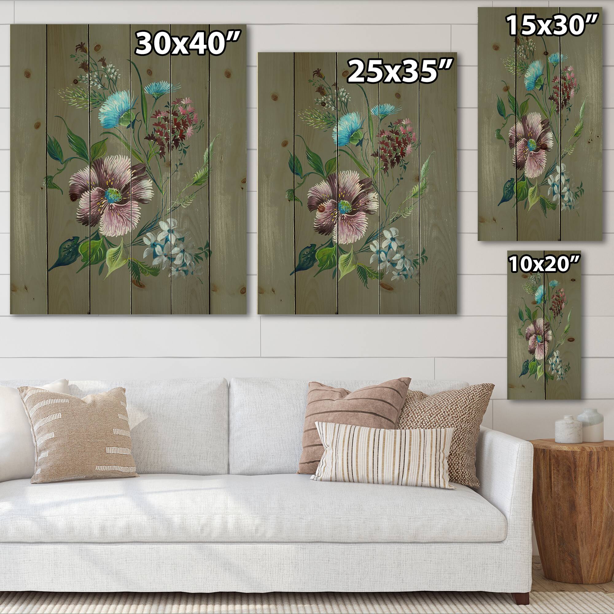 Designart - Purple and Turquoise Spring Flowers - Traditional Print on Natural Pine Wood