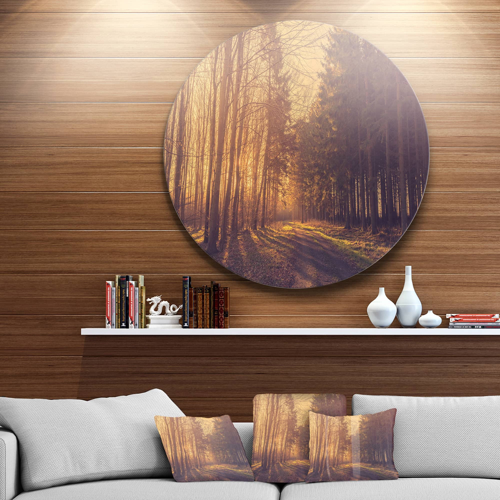 Designart - Pine Tree Forest by Road&#x27; Landscape Photo Circle Metal Wall Art