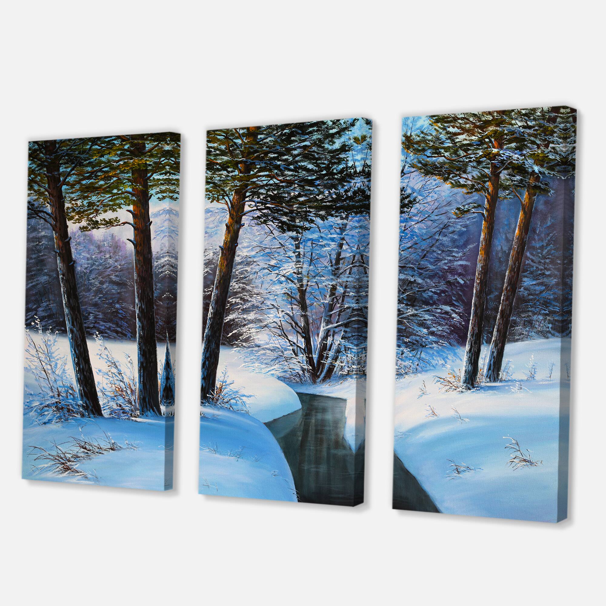 Designart - Christmas Forest With River and Trees III - Traditional Canvas Wall Art Print