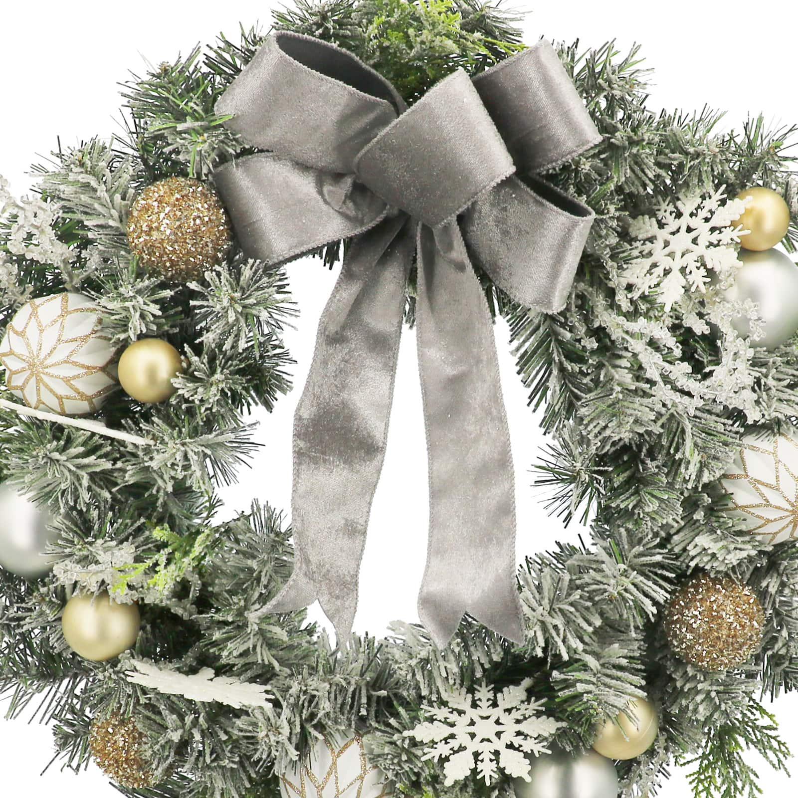 24&#x22; Flocked Snowflake Wreath with Silver Bow by Ashland&#xAE;