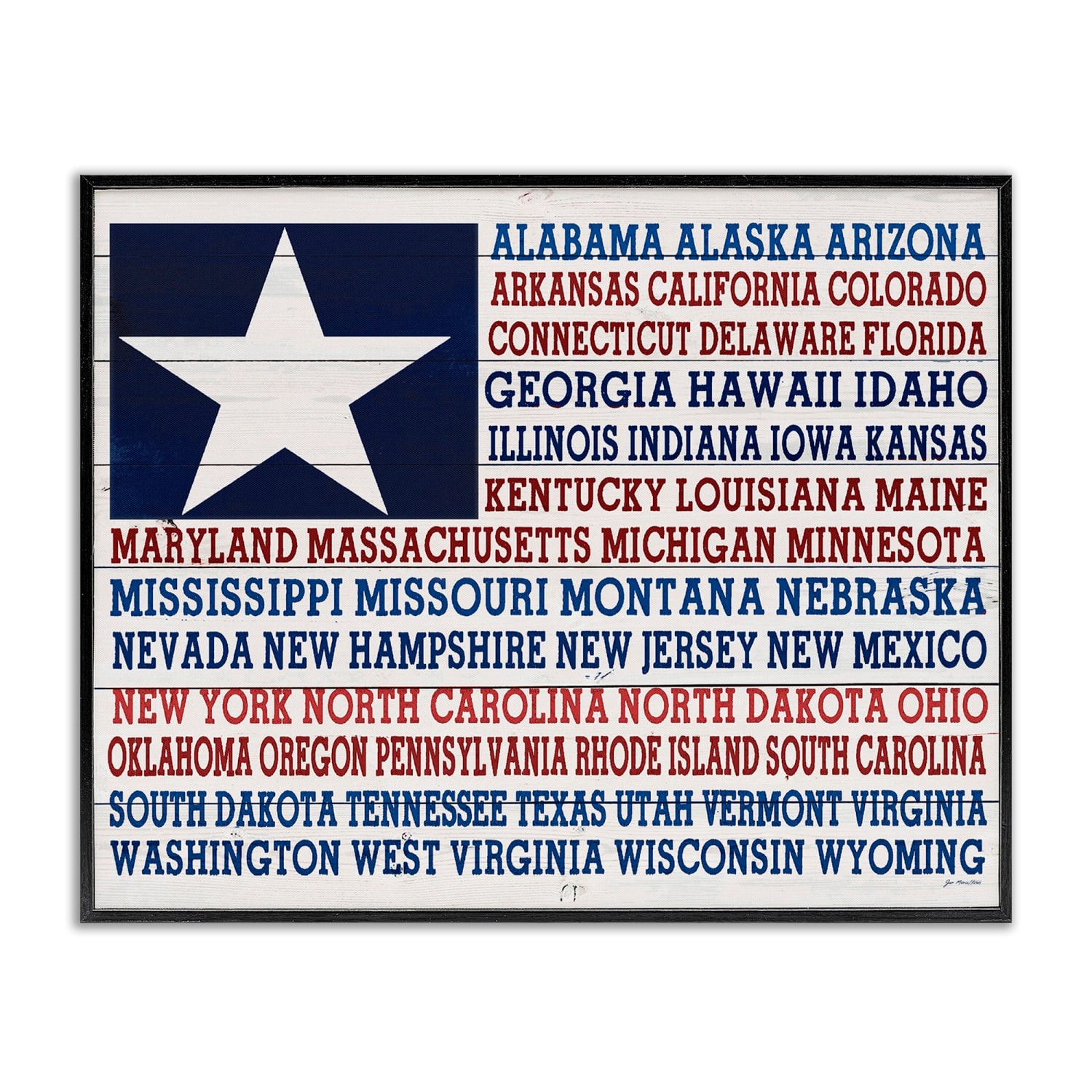 Stupell Industries U.S.A. Star Patriot Flag Listed State Typography Sign Framed Giclee Art
