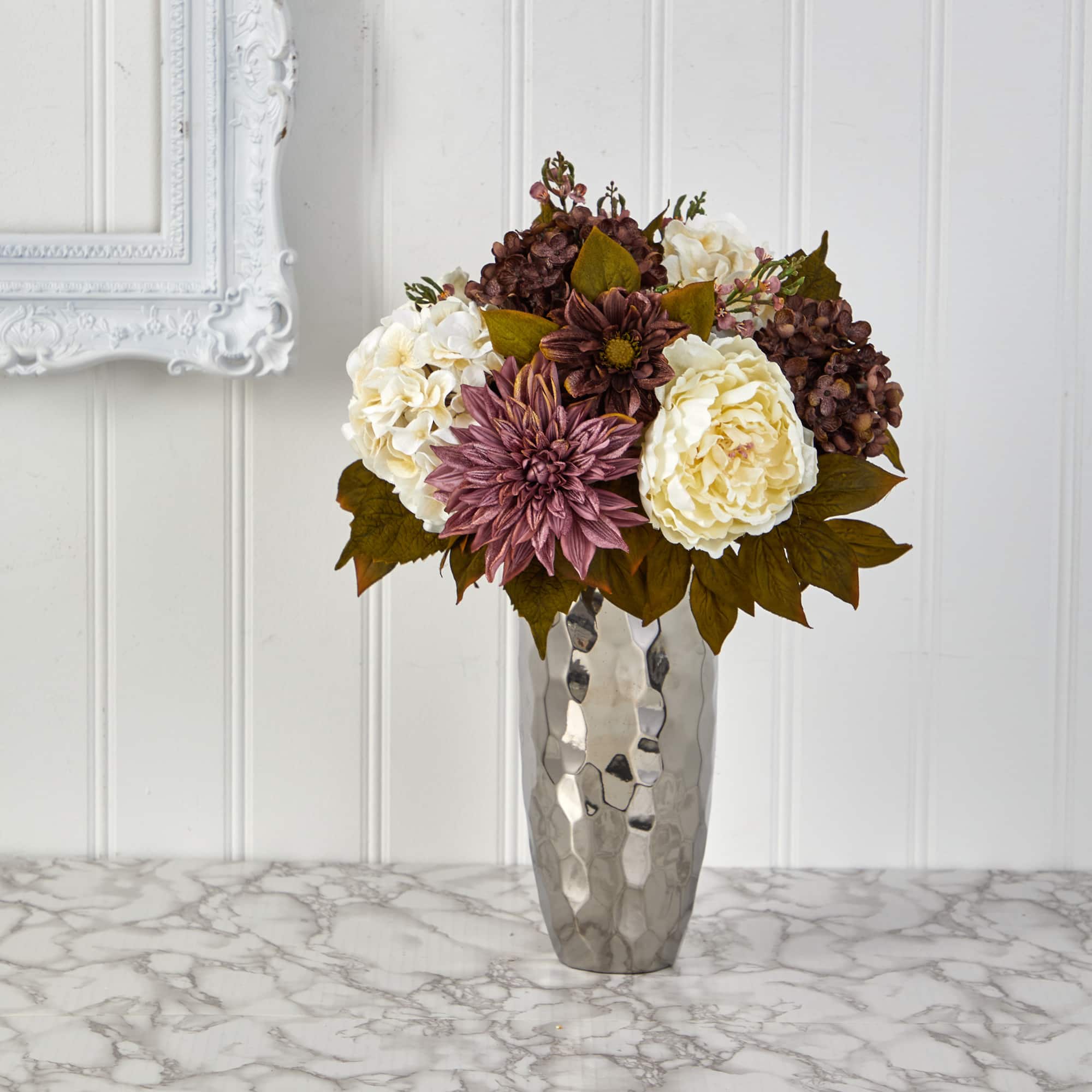 22" Peonies, Hydrangeas & Dahlias in Silver Vase