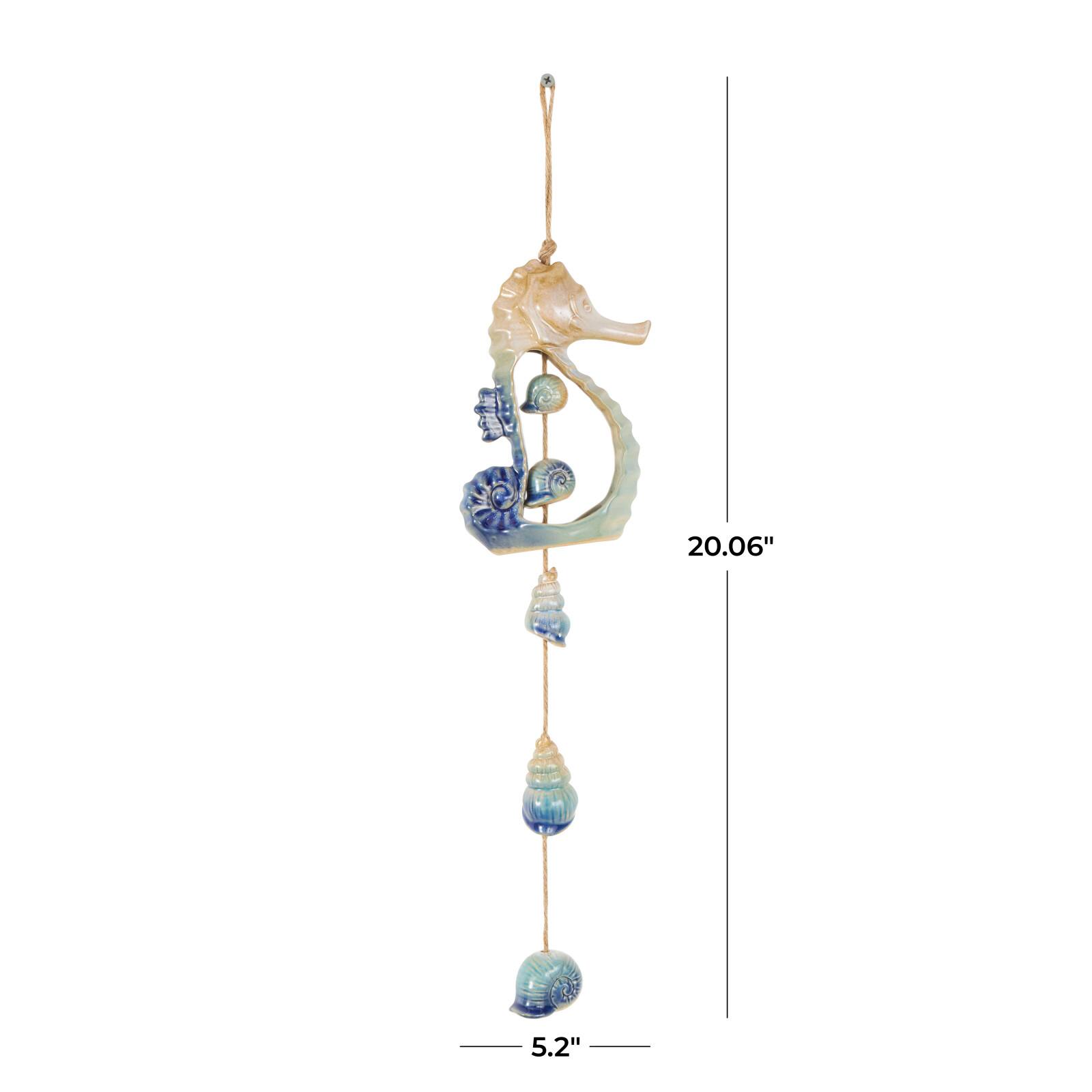 20.5&#x22; Blue Ceramic Sea Horse Ombre Windchime with Jute Rope &#x26; Hanging Seashell Accents