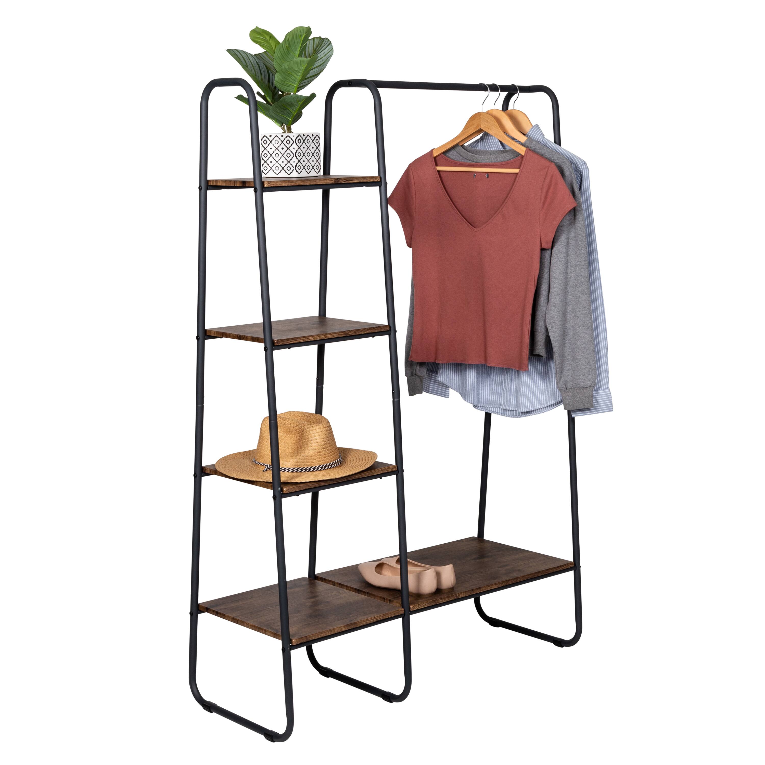 Honey Can Do Black/Natural Freestanding Metal Clothing Rack with Wood Shelves