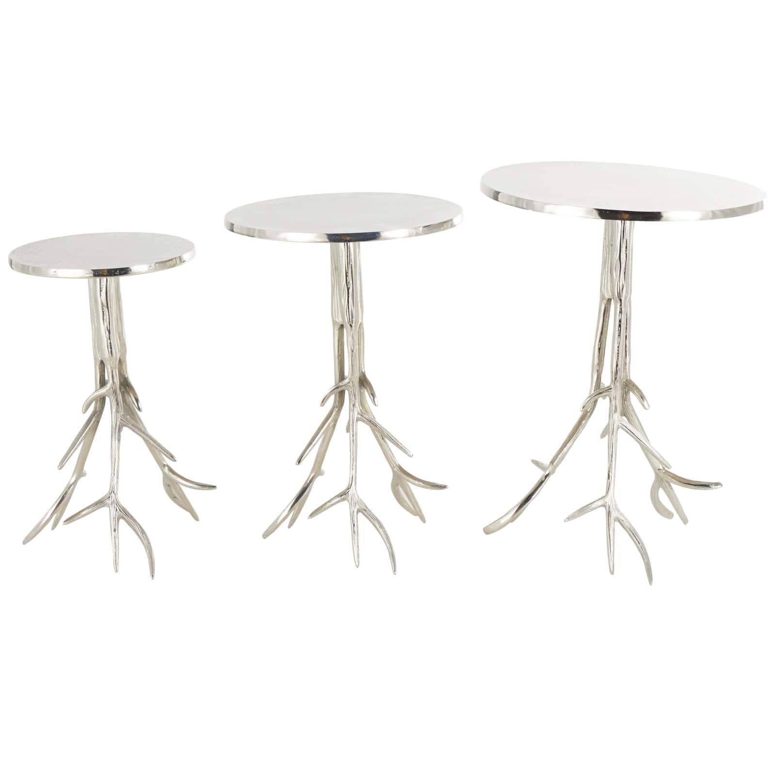 Silver Metal Side End Accent Table with Textured Tree Branch Legs Set