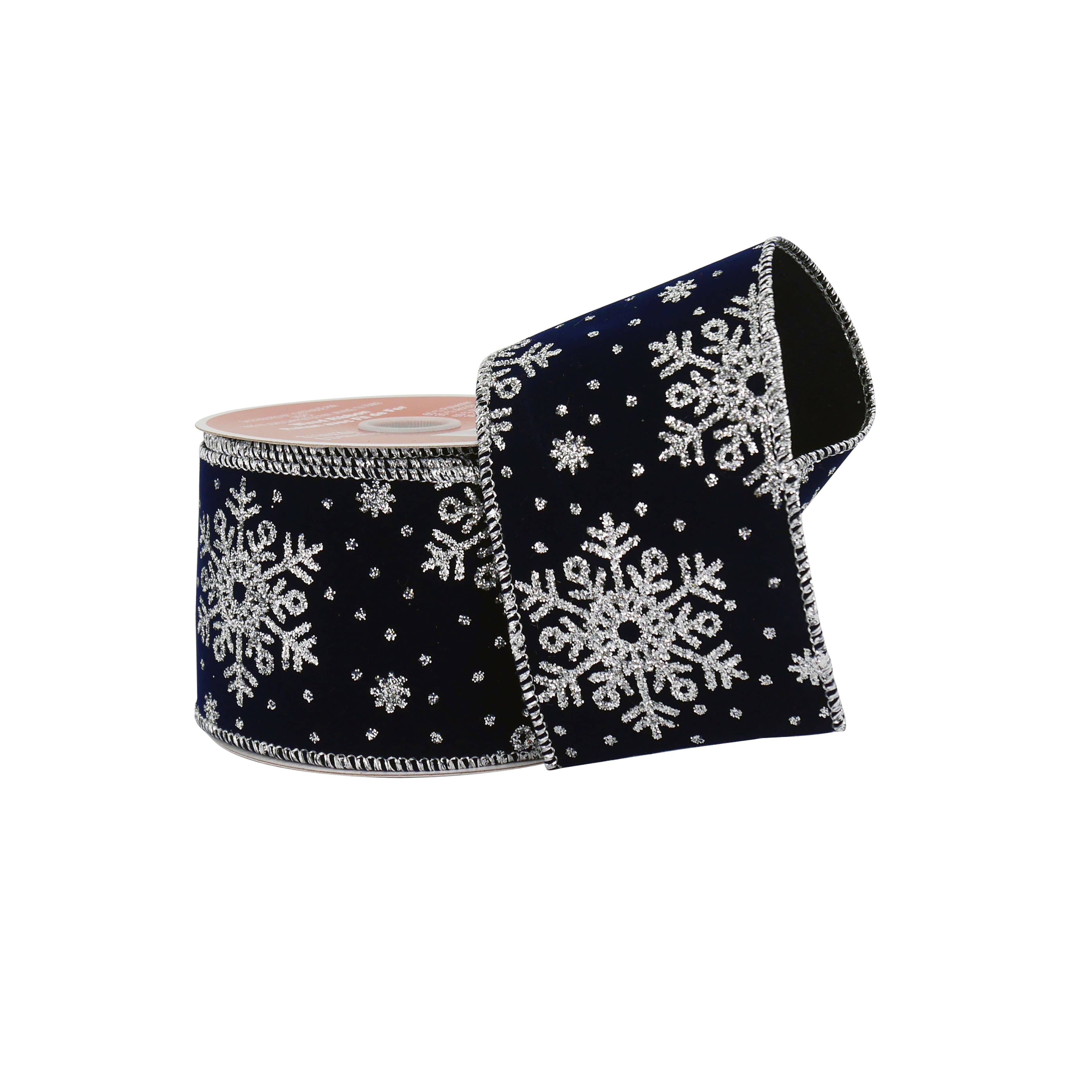 2.5&#x22; x 20ft. Navy &#x26; Silver Snowflake Wired Velvet Ribbon by Celebrate It&#xAE;