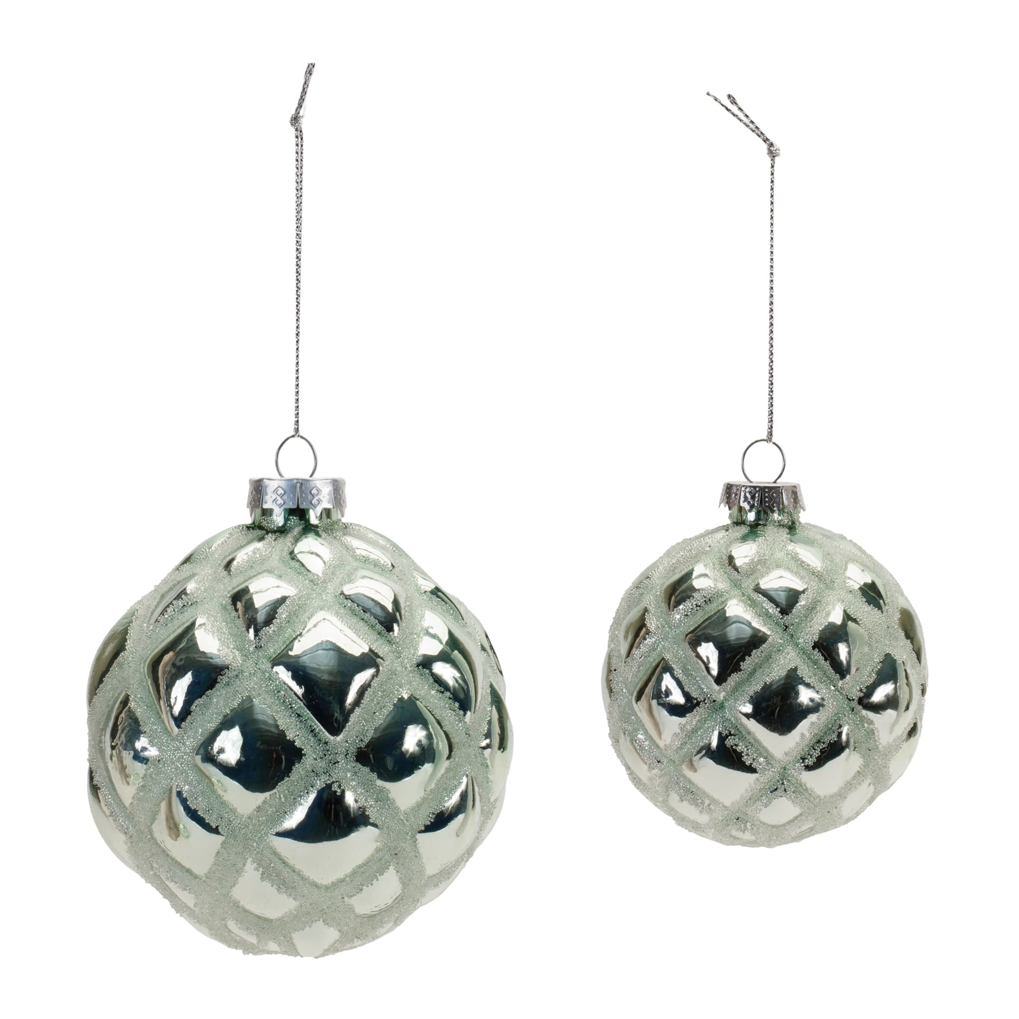 Green Beaded Harlequin Glass Ball Ornaments Set