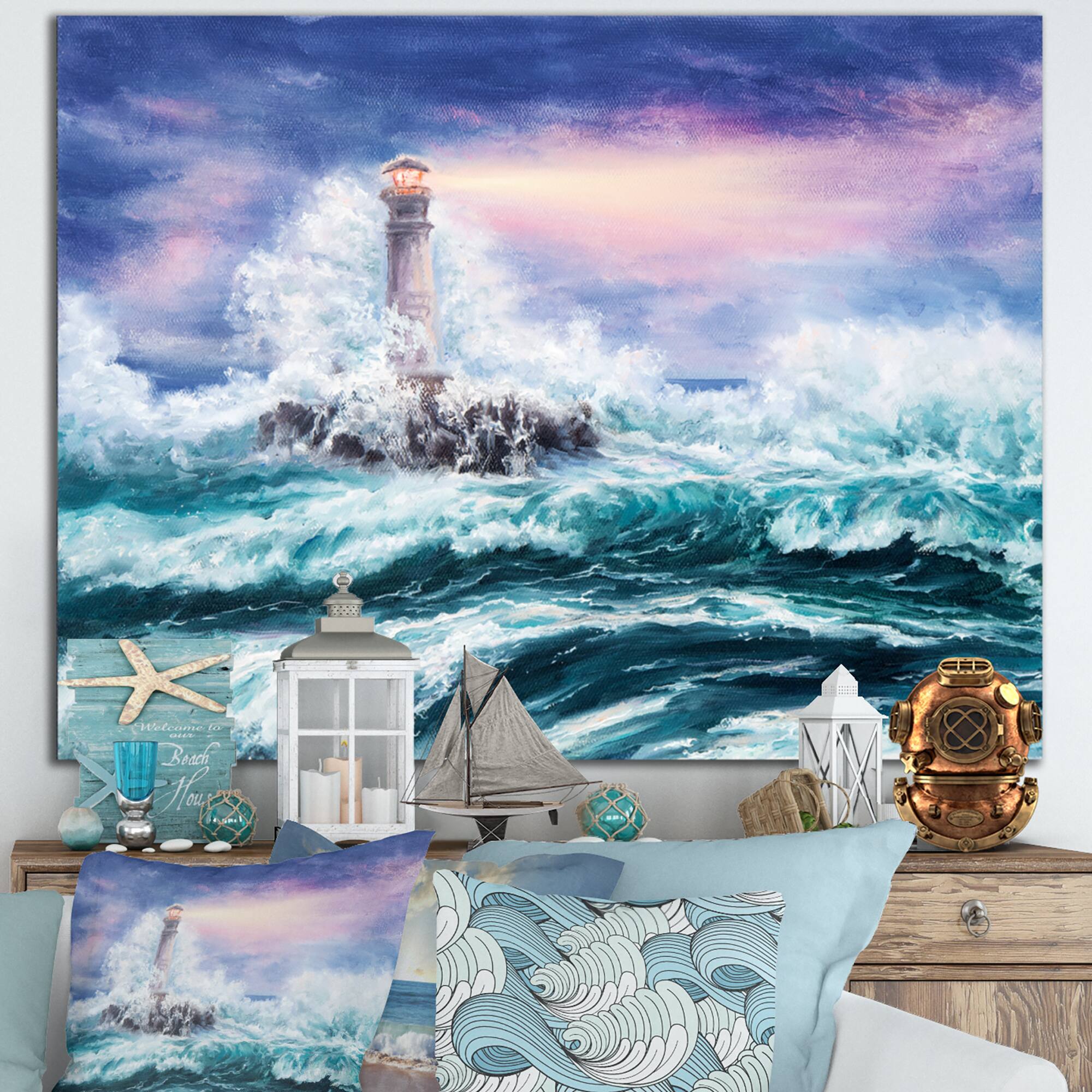Designart - Lighthouse Wild Blue Ocean Waves - Nautical & Coastal Canvas Wall Art Print