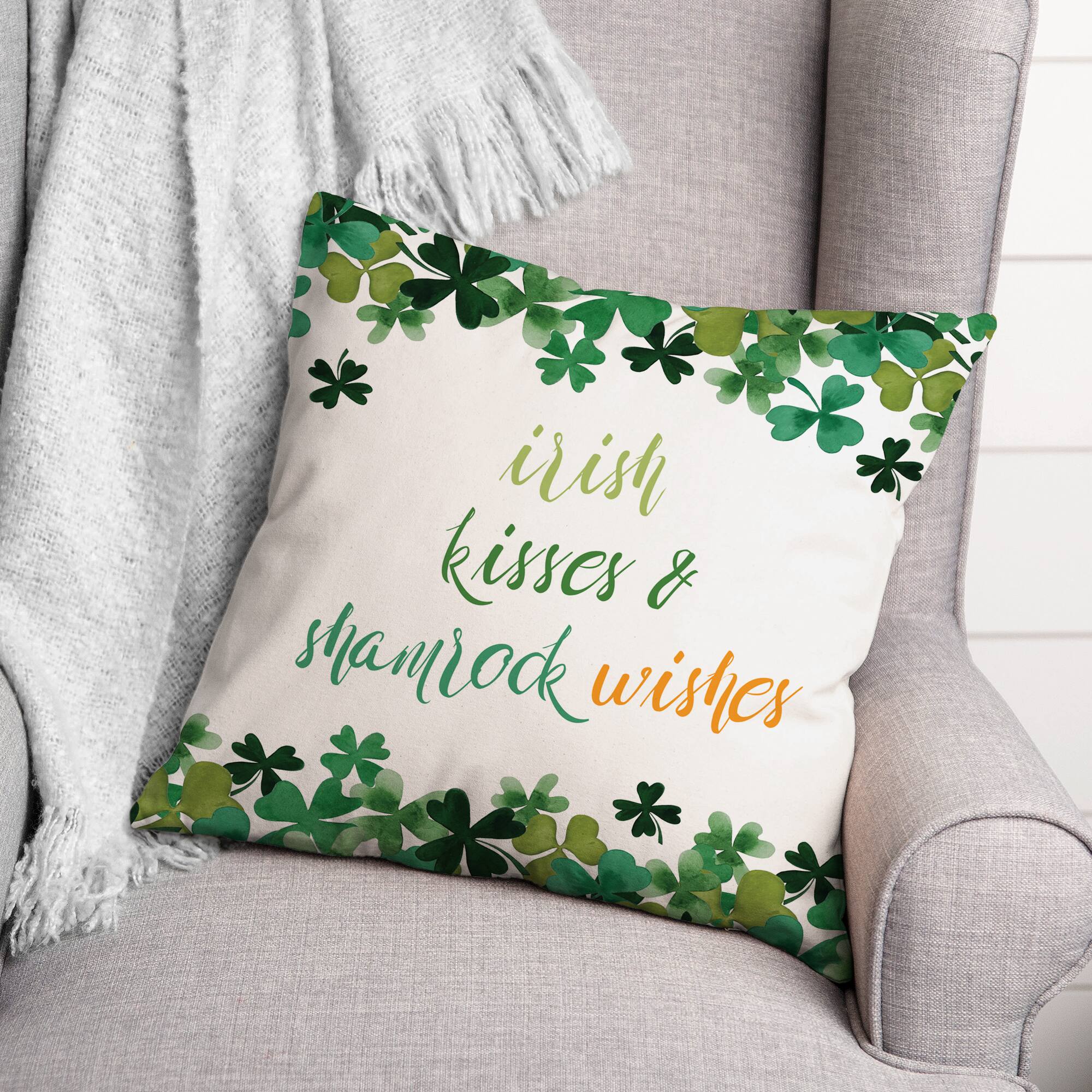 Irish Kisses Shamrock Wishes Pillow 18" x 18" Throw Pillow