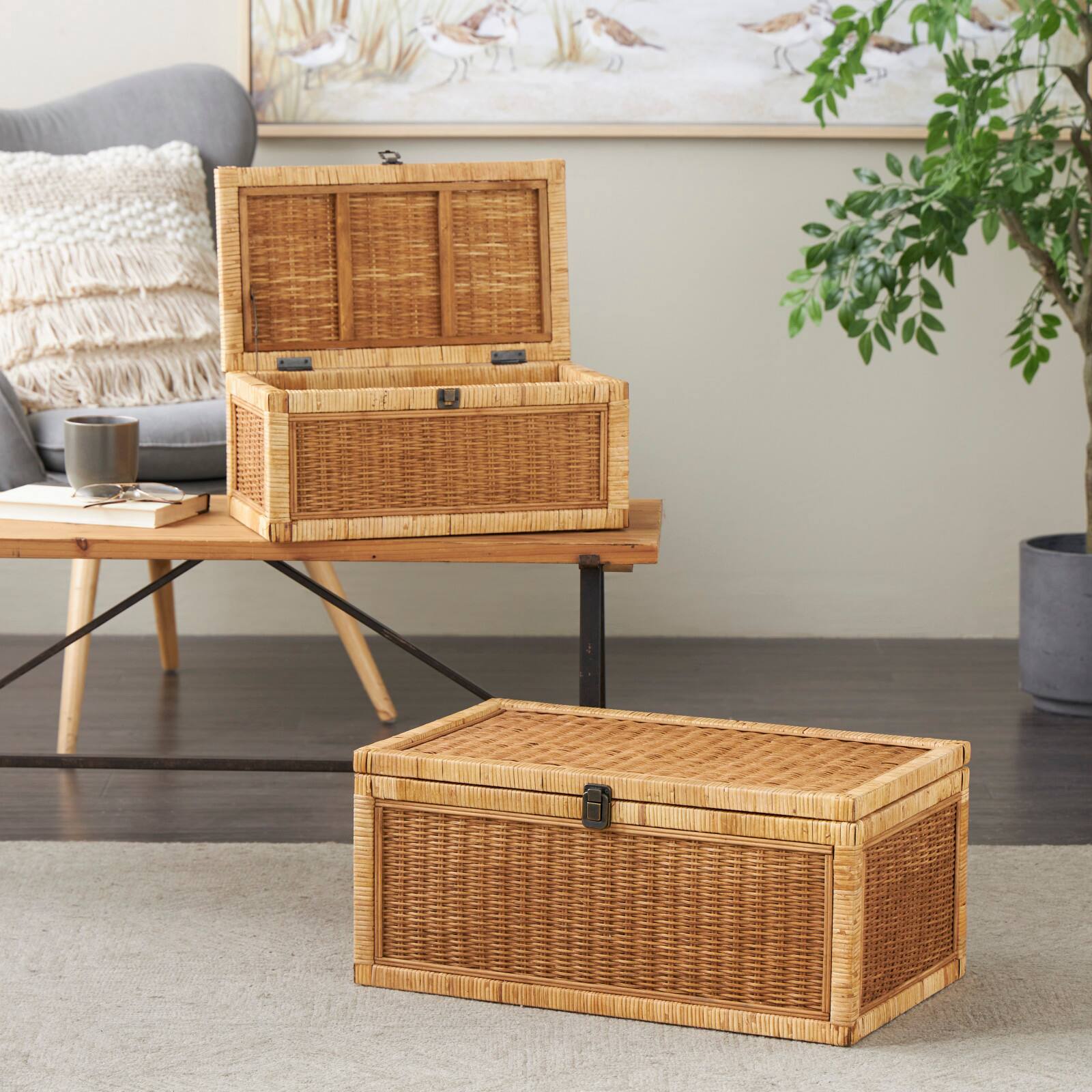 Brown Rattan Storage Box Set with Wrapped Light Brown Edges