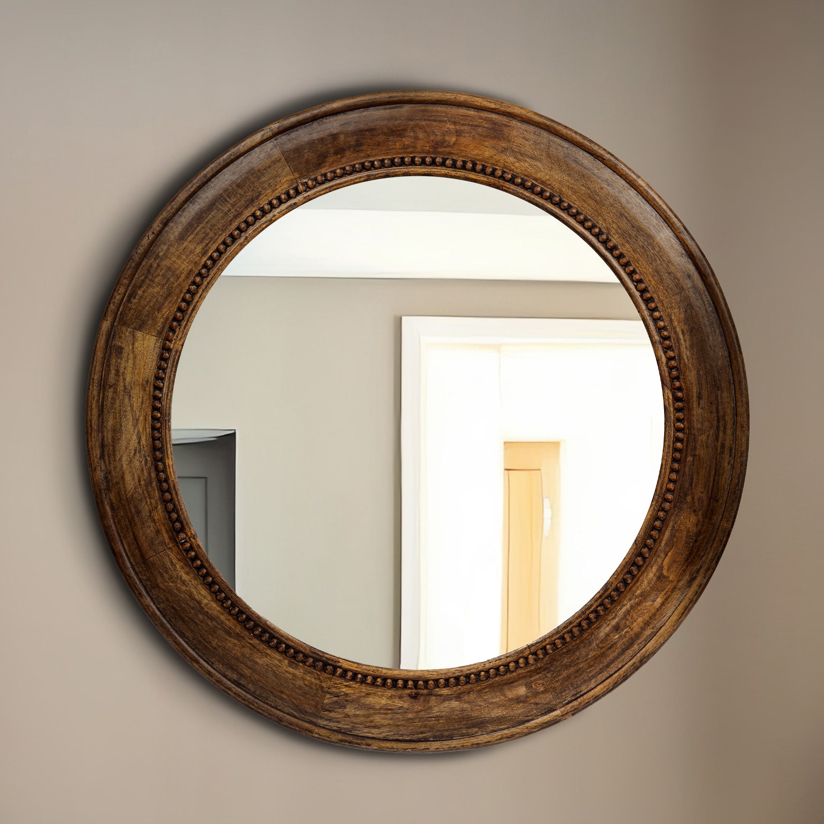Hello Honey&#xAE; Walnut Round Carved Wood Framed Wall Mirror