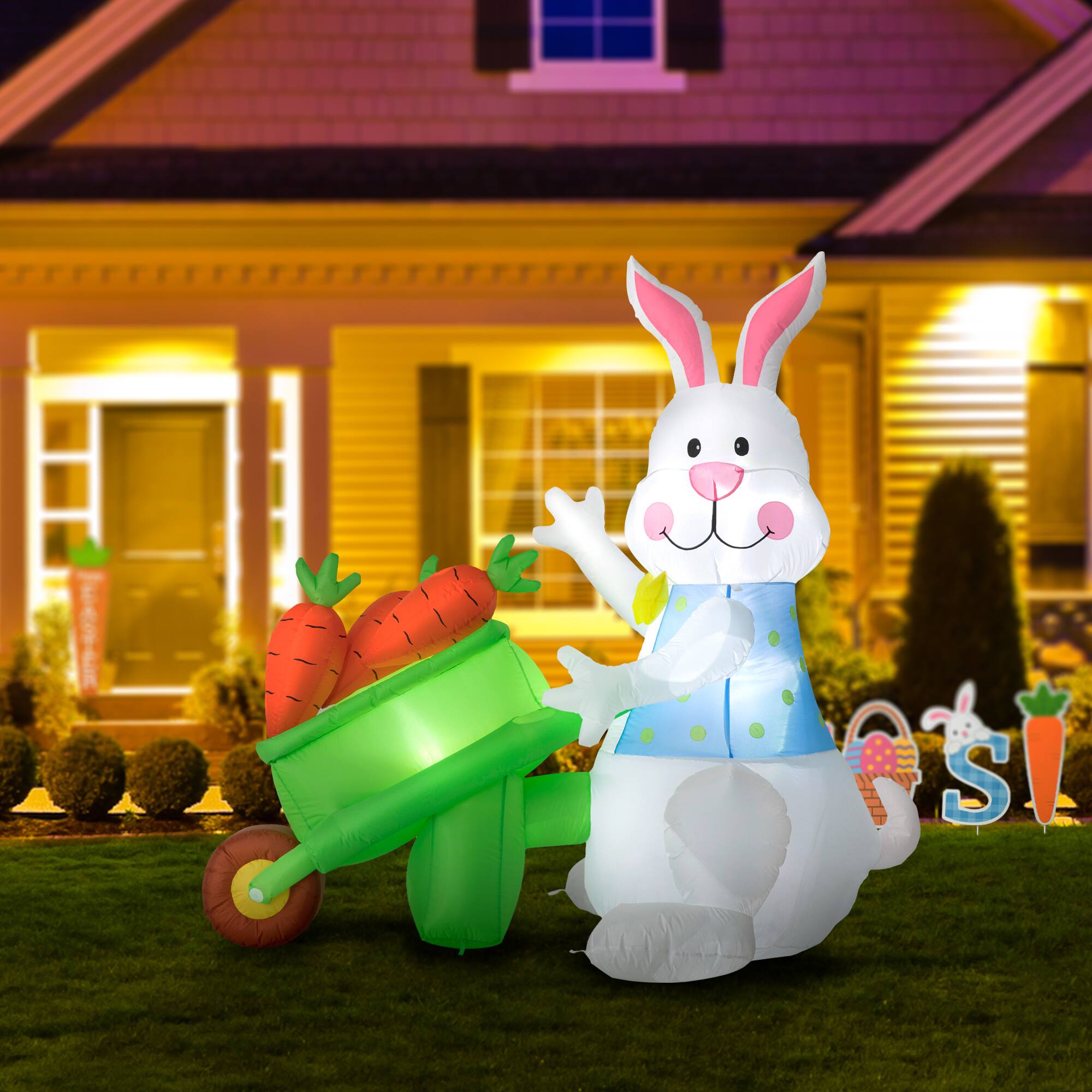 Glitzhome® 72.75" Easter Lighted Bunny Wheel Barrow Inflatable Decor