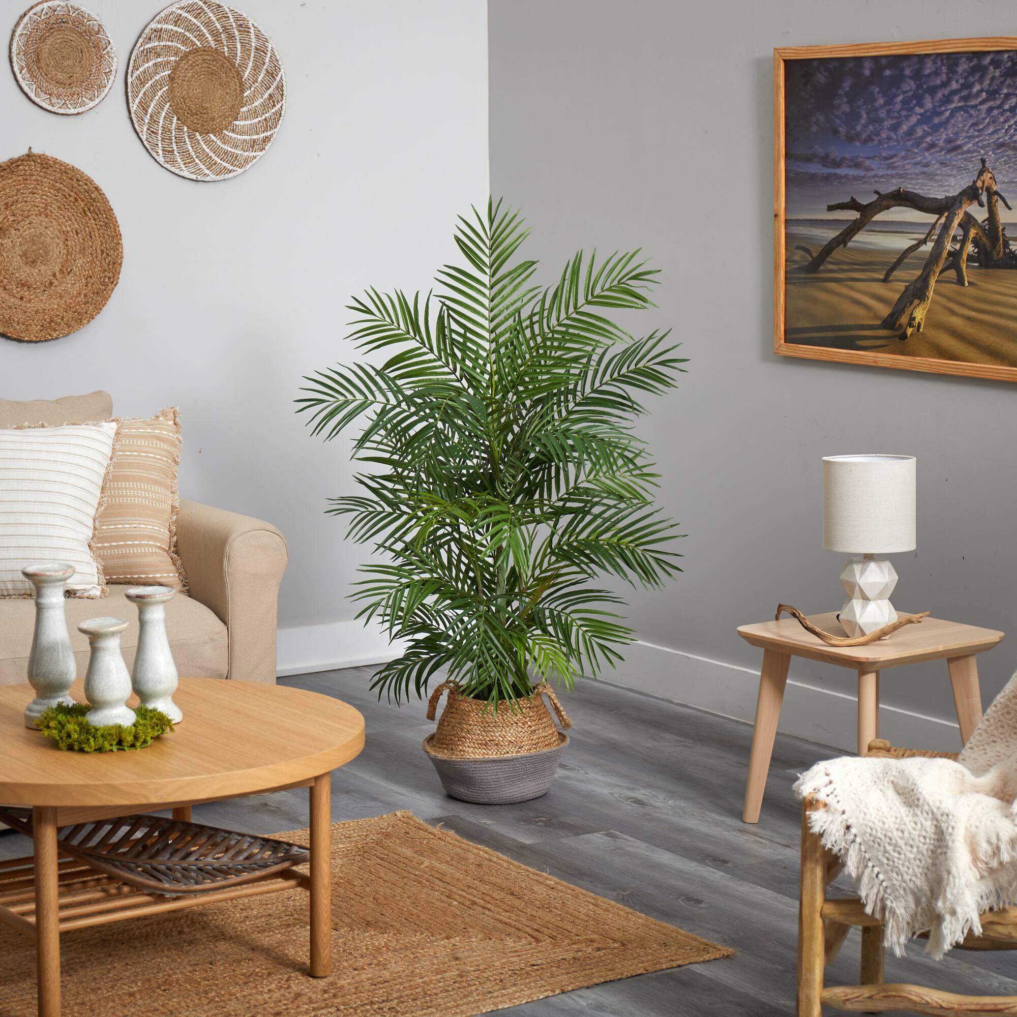 4ft. Areca Artificial Palm Branches in Boho Chic Handmade Cotton & Jute Gray Woven Planter