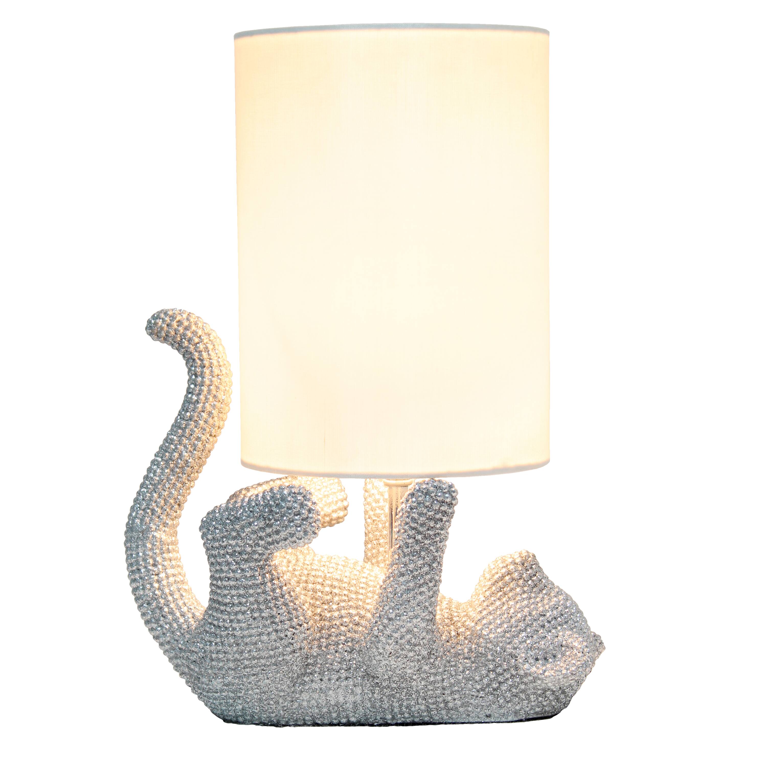 Lalia Home 12.6&#x22; Silver Diamond Studded Cat Table Lamp with Faux Silk Shade