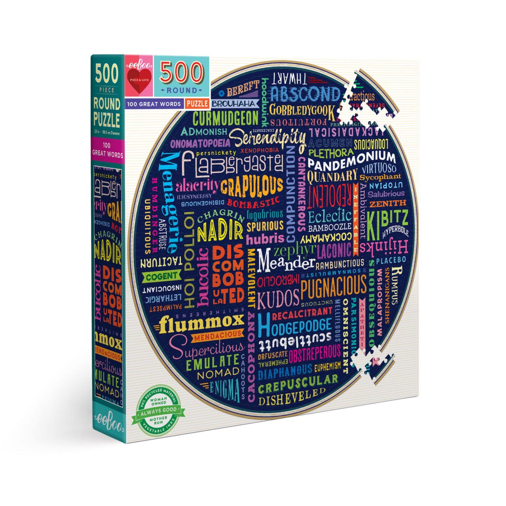 eeBoo Piece &#x26; Love &#x22;100 Great Words&#x22; 500 Piece Round Jigsaw Puzzle