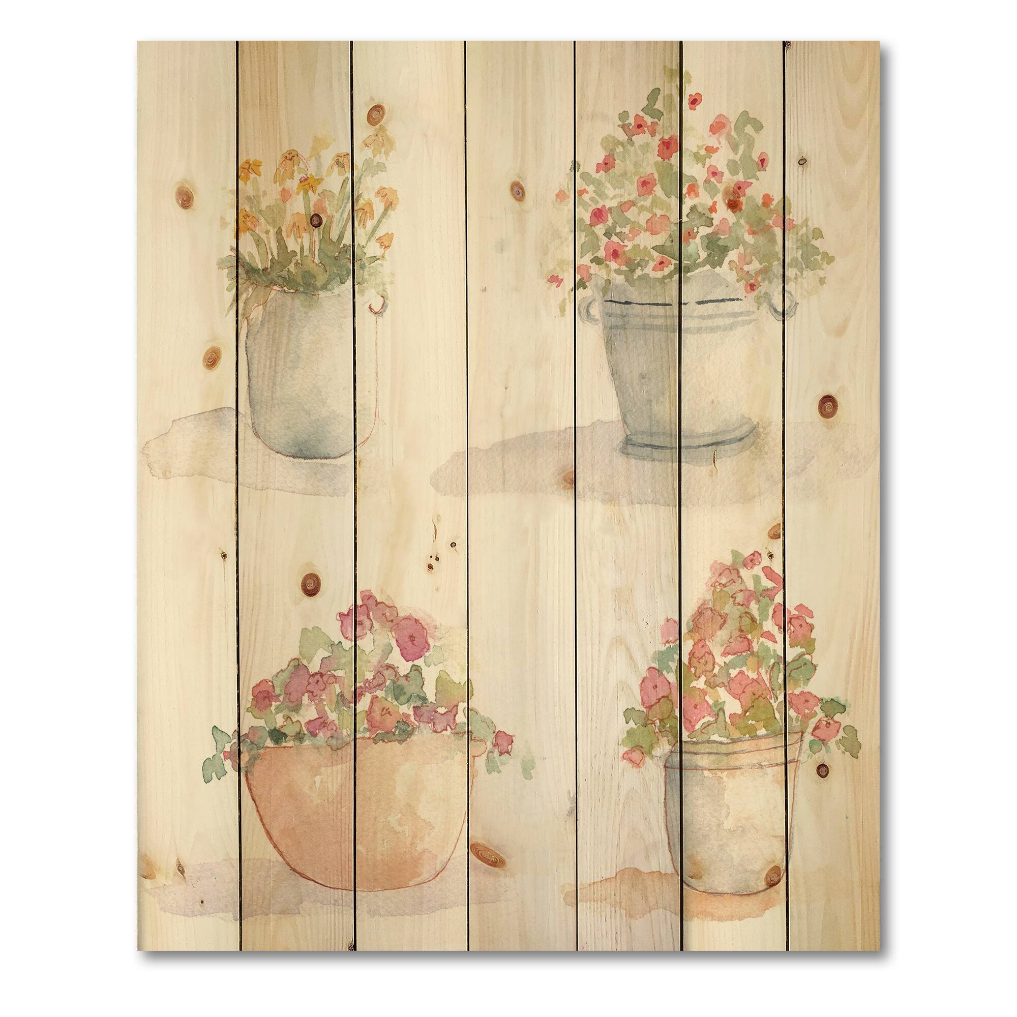 Designart - Four Outdoor Flower Pots - Traditional Print on Natural Pine Wood