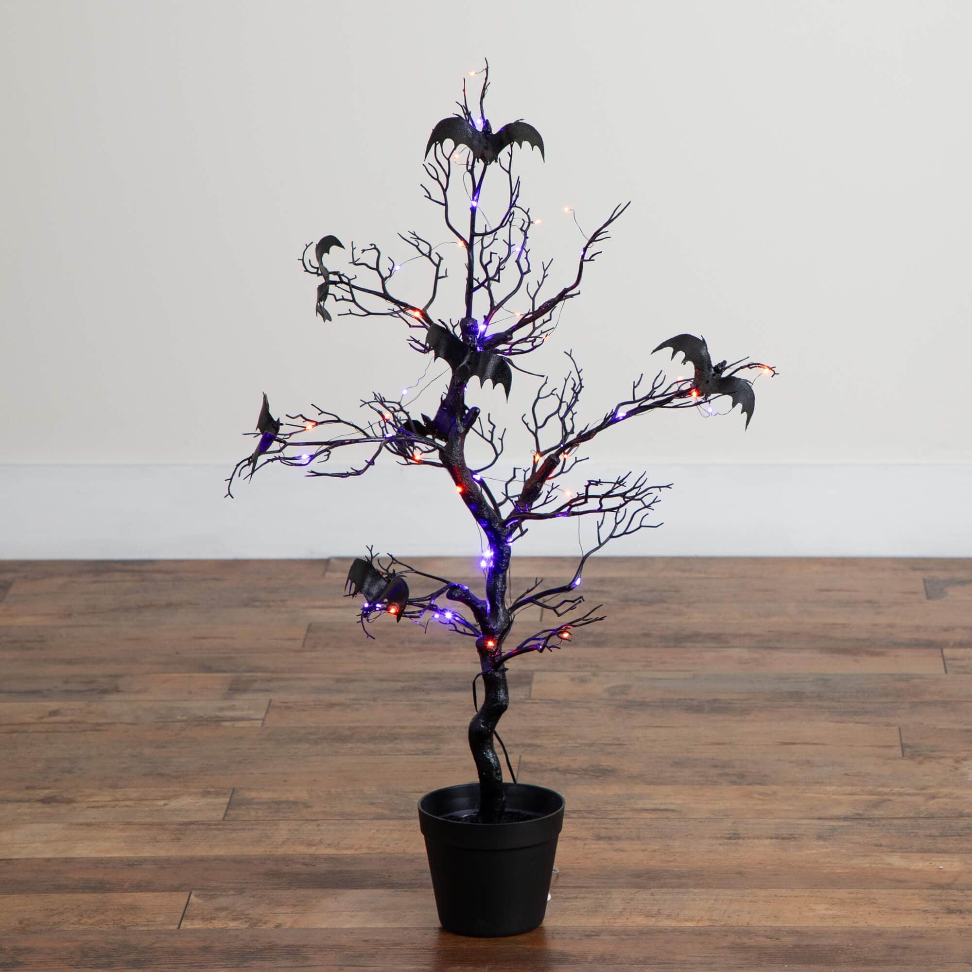 3ft. Pre-Lit Artificial Halloween Black Spooky Twig Tree with Bats and 100 Orange &#x26; Purple LED Lights