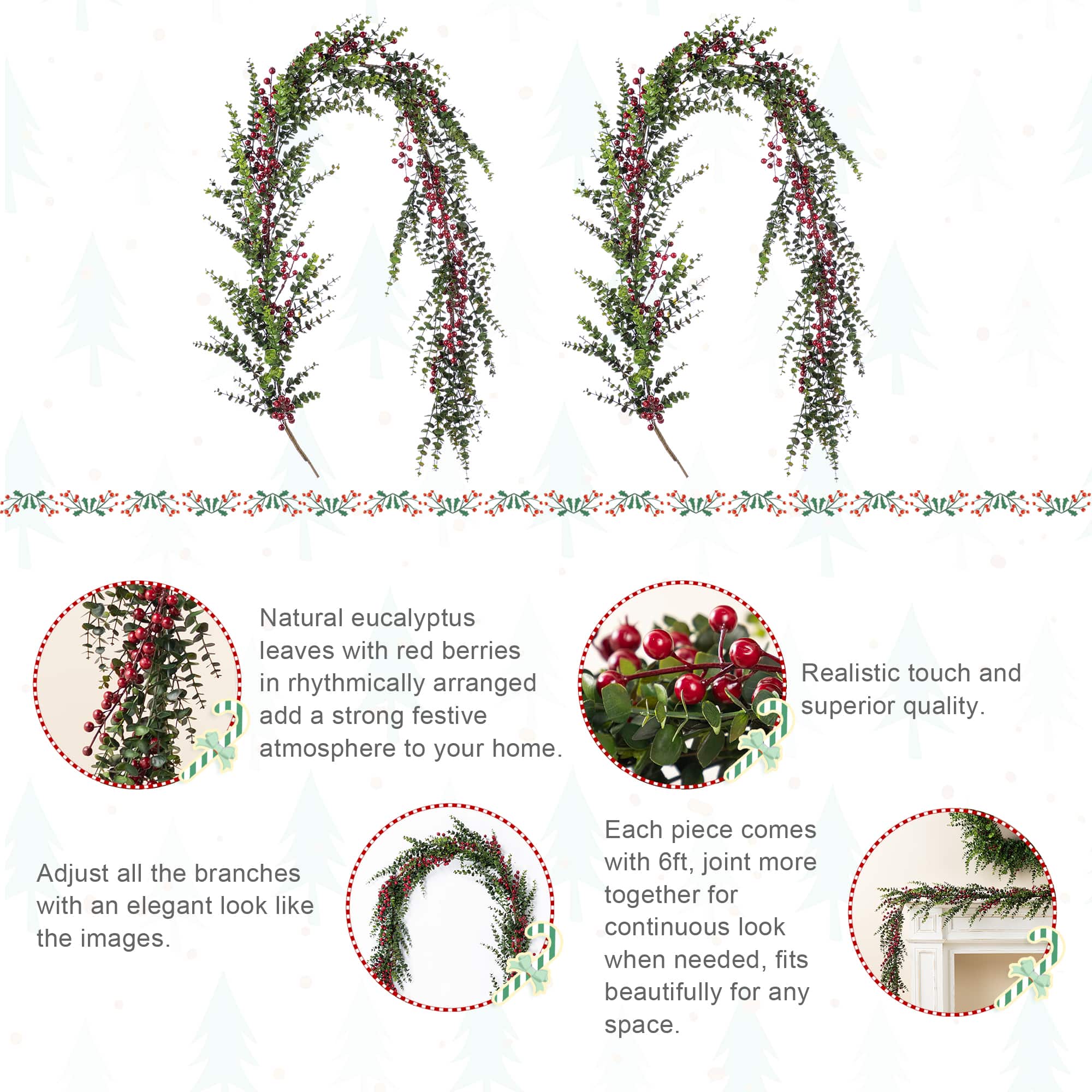 Glitzhome&#xAE; 6ft Christmas Greenery Eucalyptus Garland with Red Berries, 2ct.