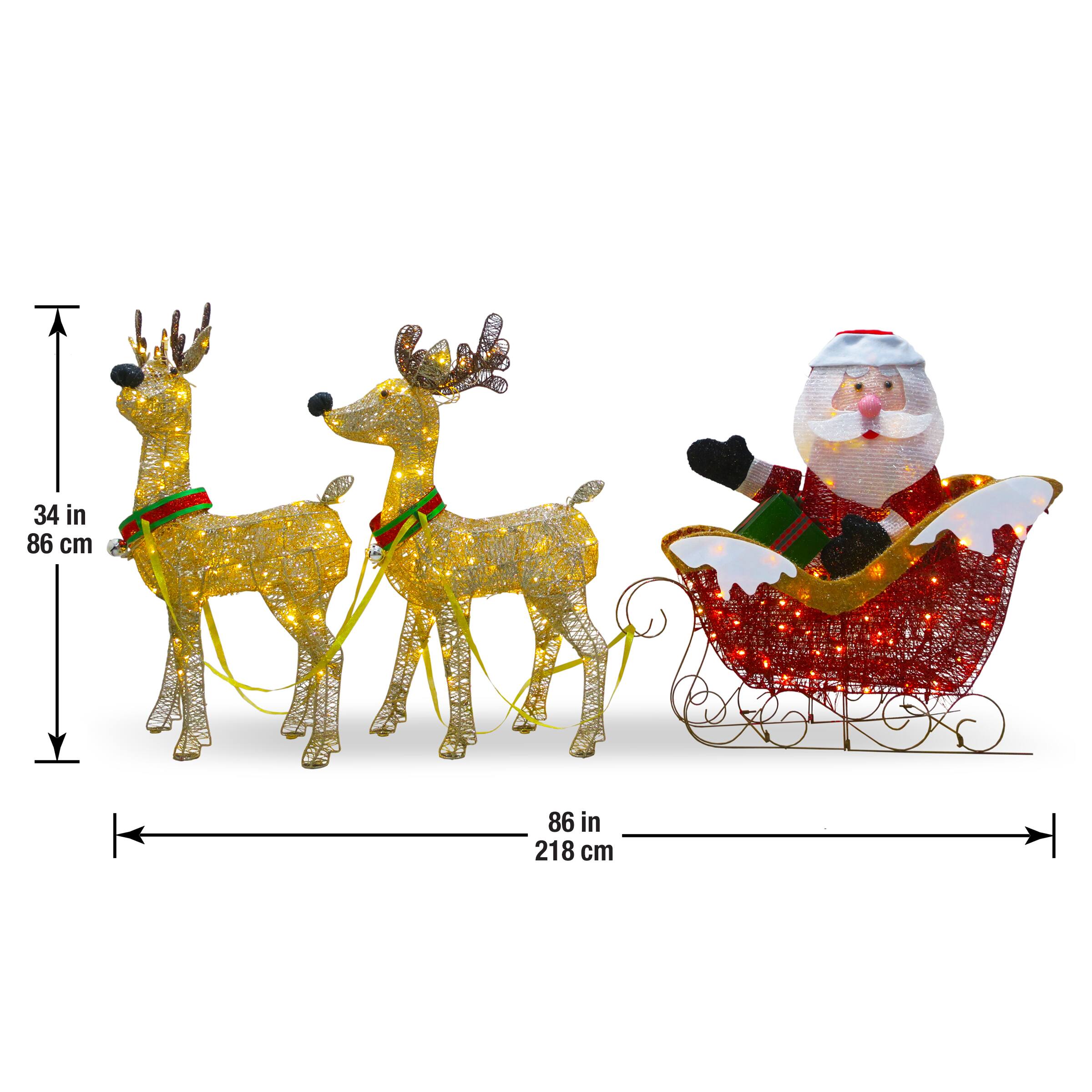 34&#x22; Santa &#x26; Reindeer Pulling Sleigh, Clear Lights