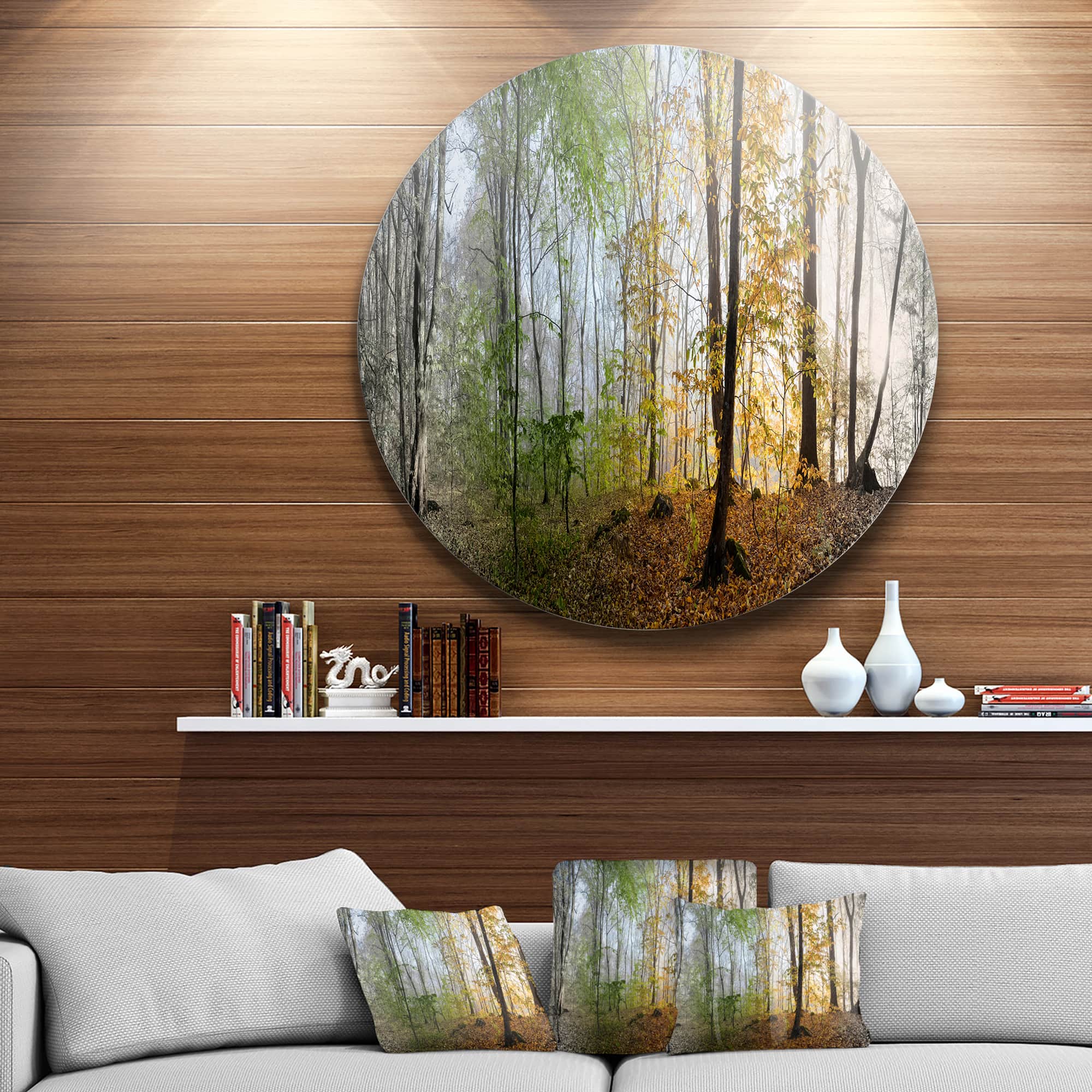 Designart - Morning Forest Panoramic View&#x27; Landscape Photography Circle Metal Wall Art