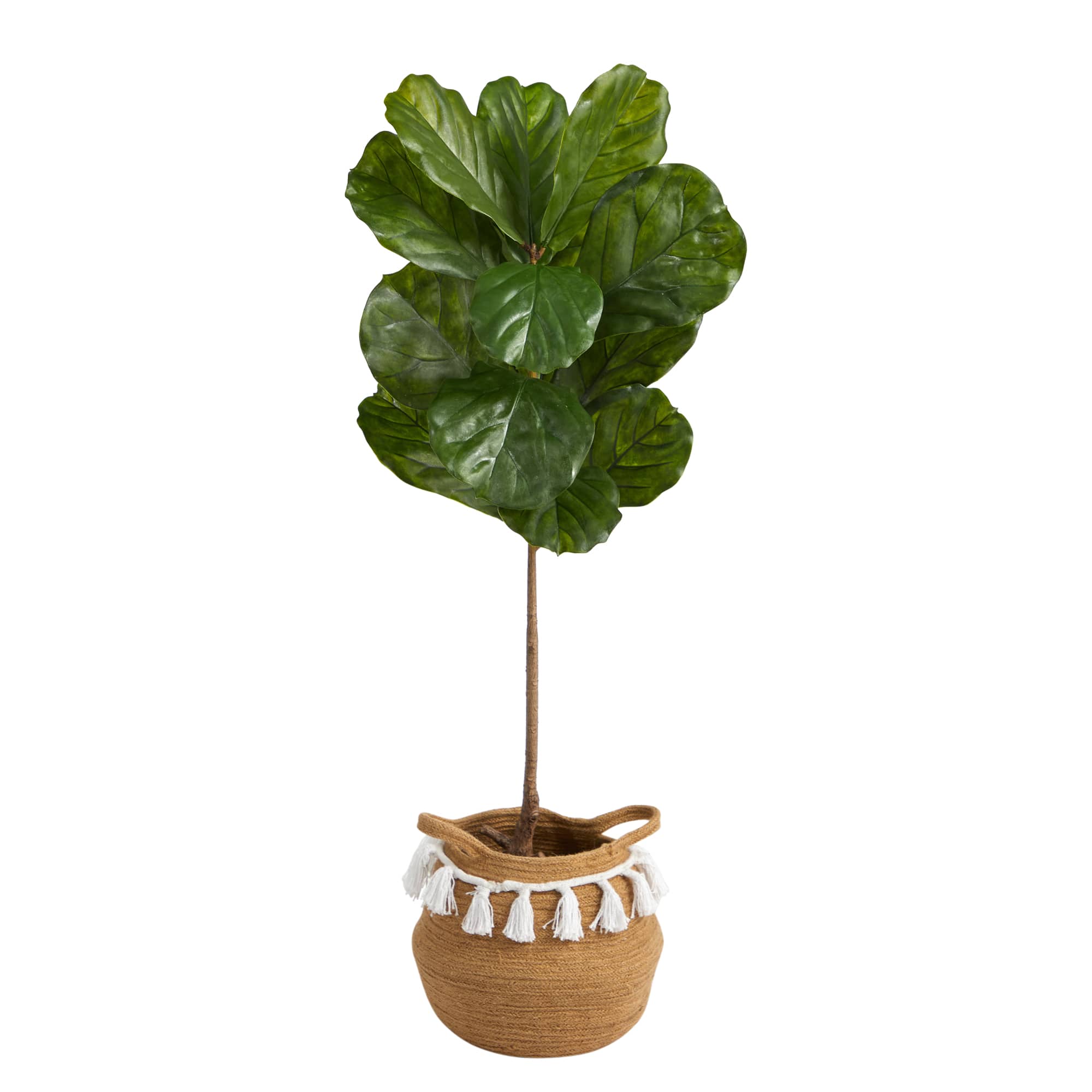 4ft. Fiddle Leaf Artificial Tree in Boho Chic Handmade Natural Cotton Woven Planter with Tassels UV Resistant (Indoor/Outdoor)