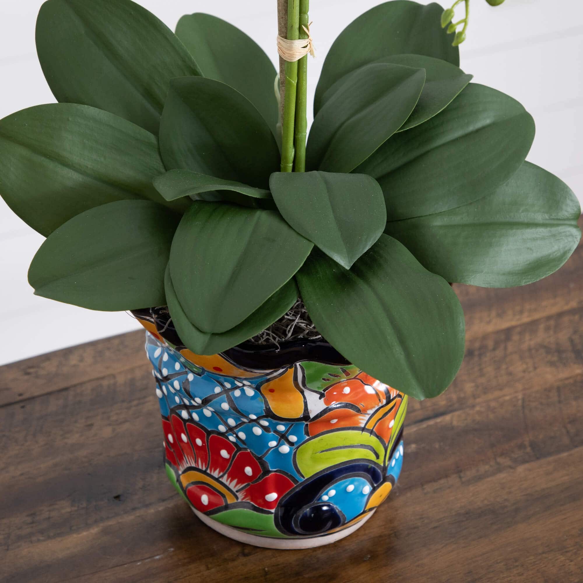 2.25ft. Artificial Triple Orchid Arrangement in Handmade Mexican Talavera Ceramic Planter