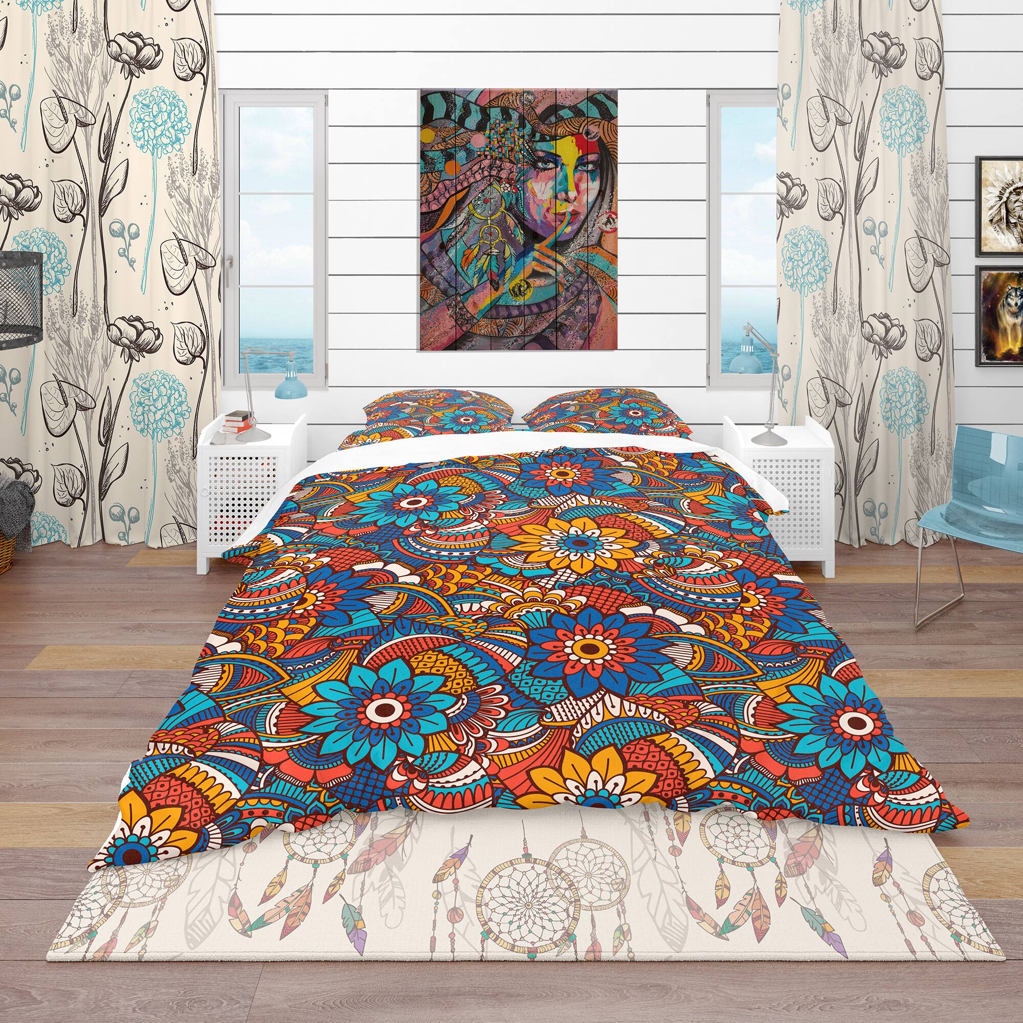 Designart &#x27;Hand Drawn Pattern with Floral Elements&#x27; Bohemian &#x26; Eclectic Bedding Set - Duvet Cover &#x26; Shams