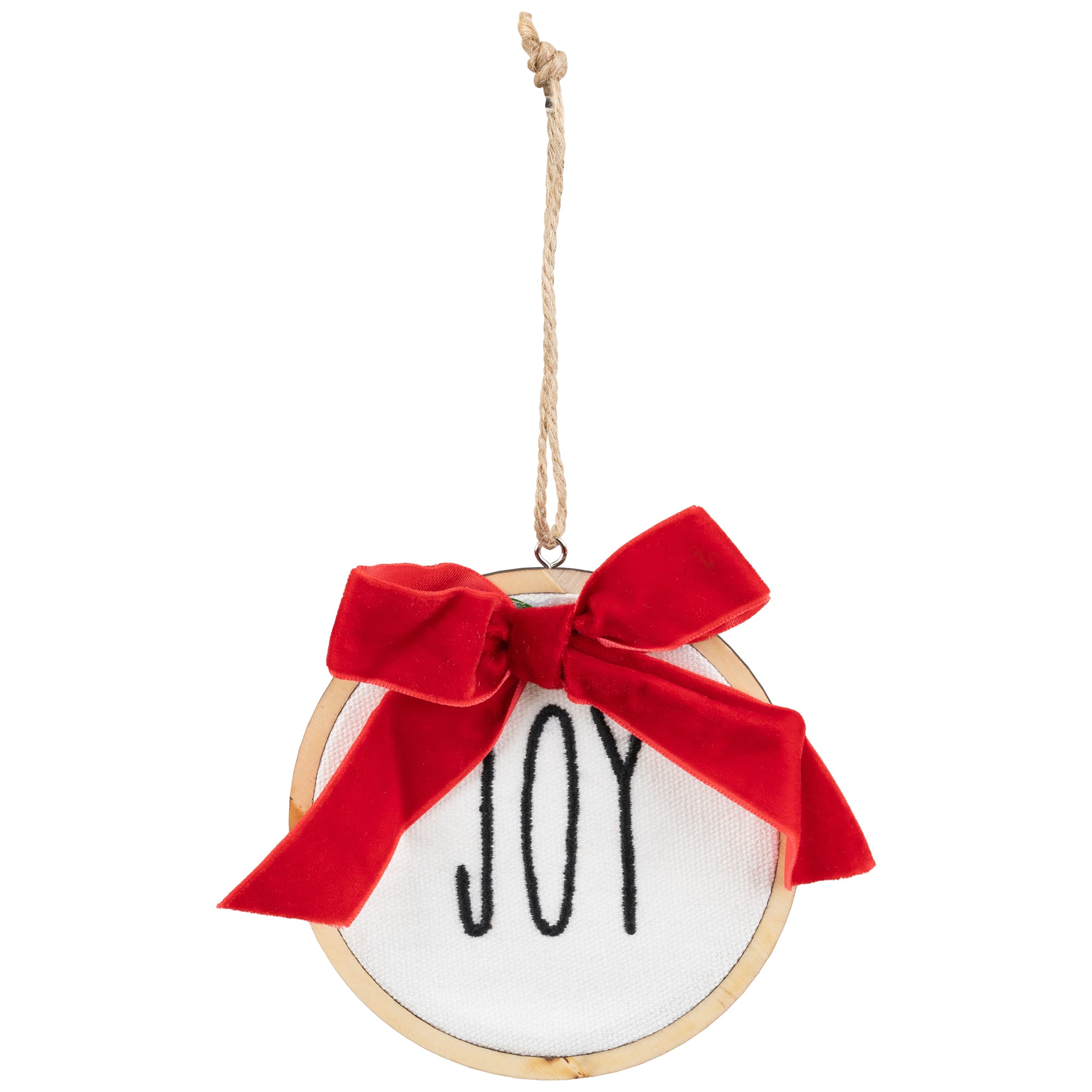 Embroidered Joy with Bow Wooden Disc Christmas Ornament - 4.5&#x22; - Red and White